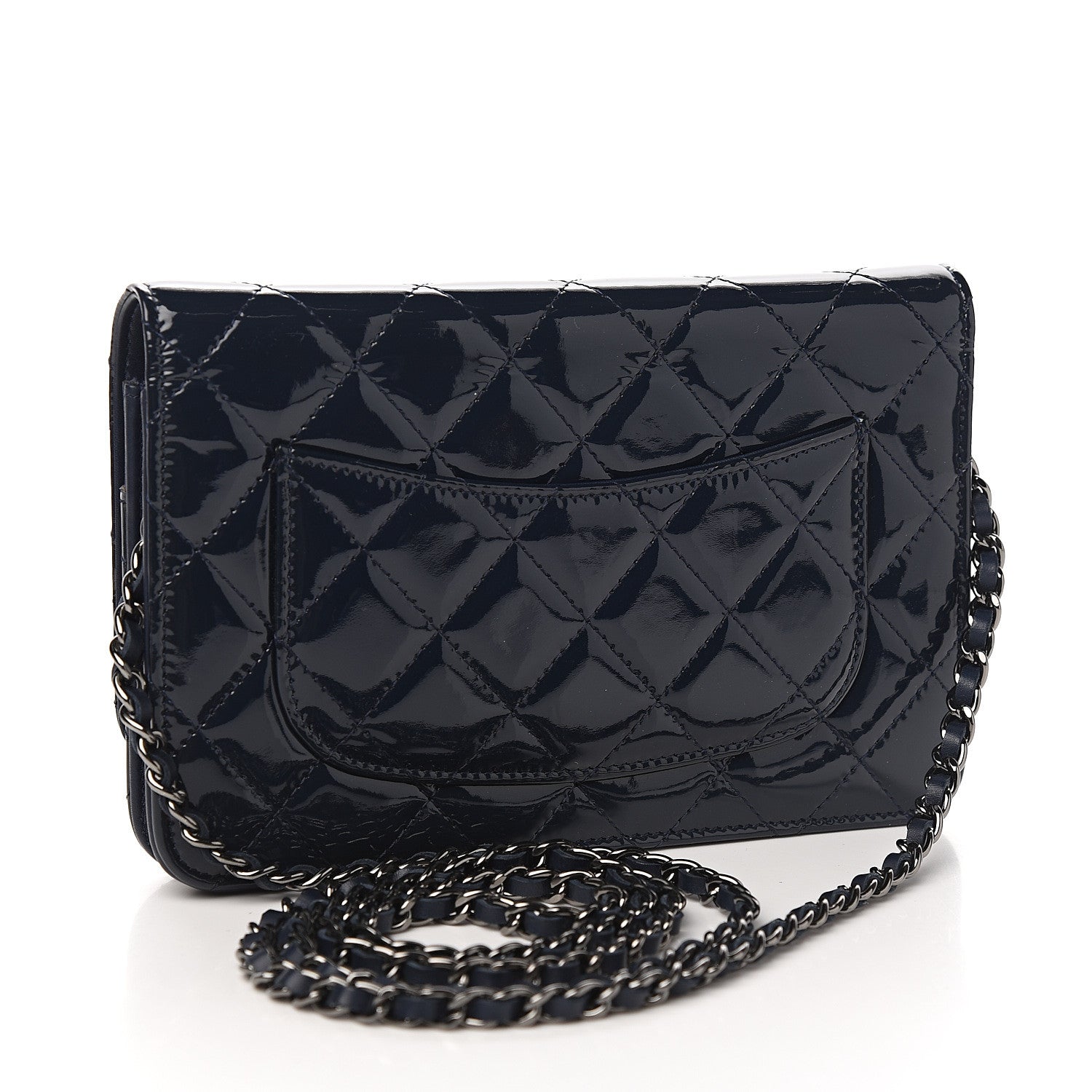 Chanel Patent Quilted Wallet On Chain WOC Navy Blue 2 of 9