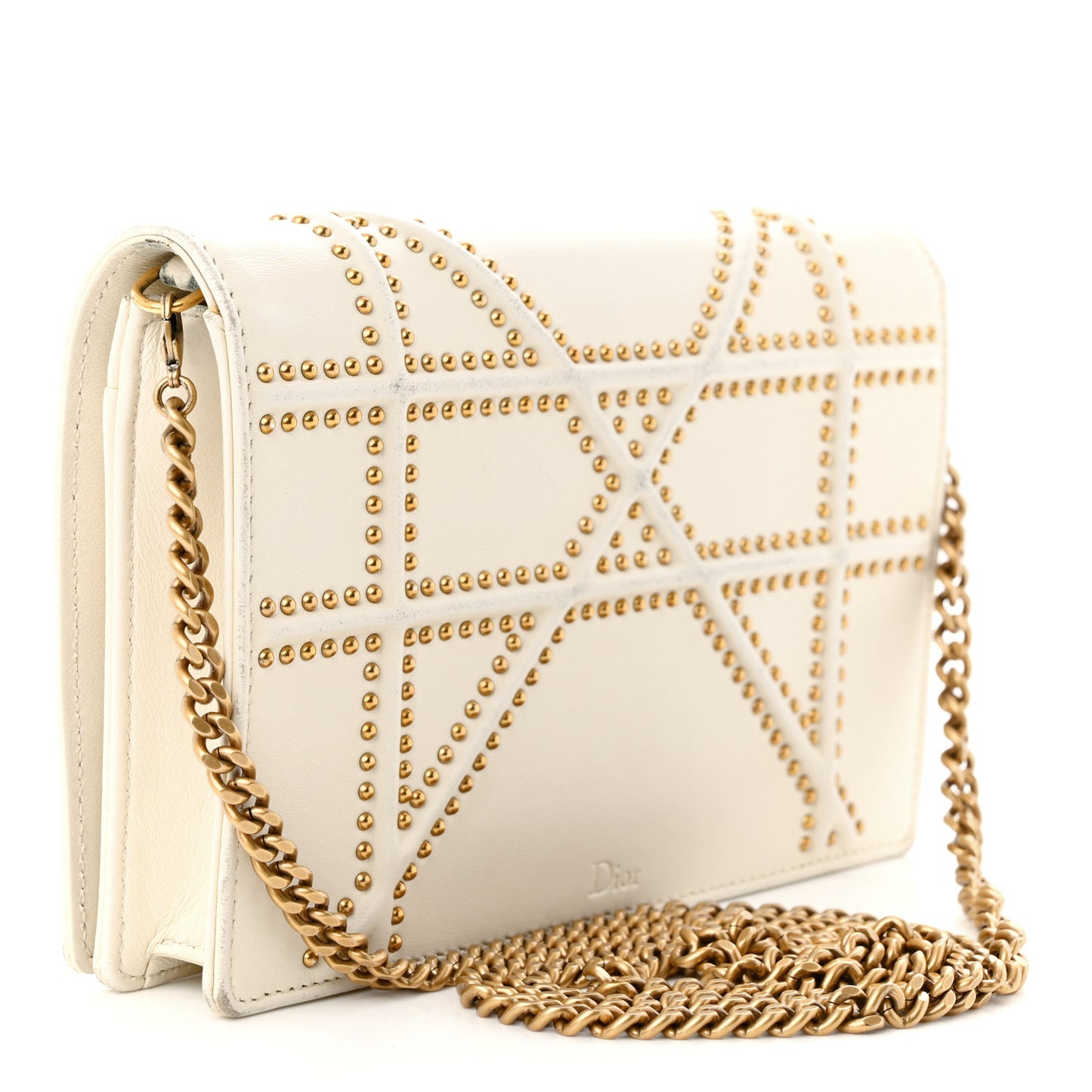 Lambskin Studded Diorama Wallet on Chain Pouch Off White