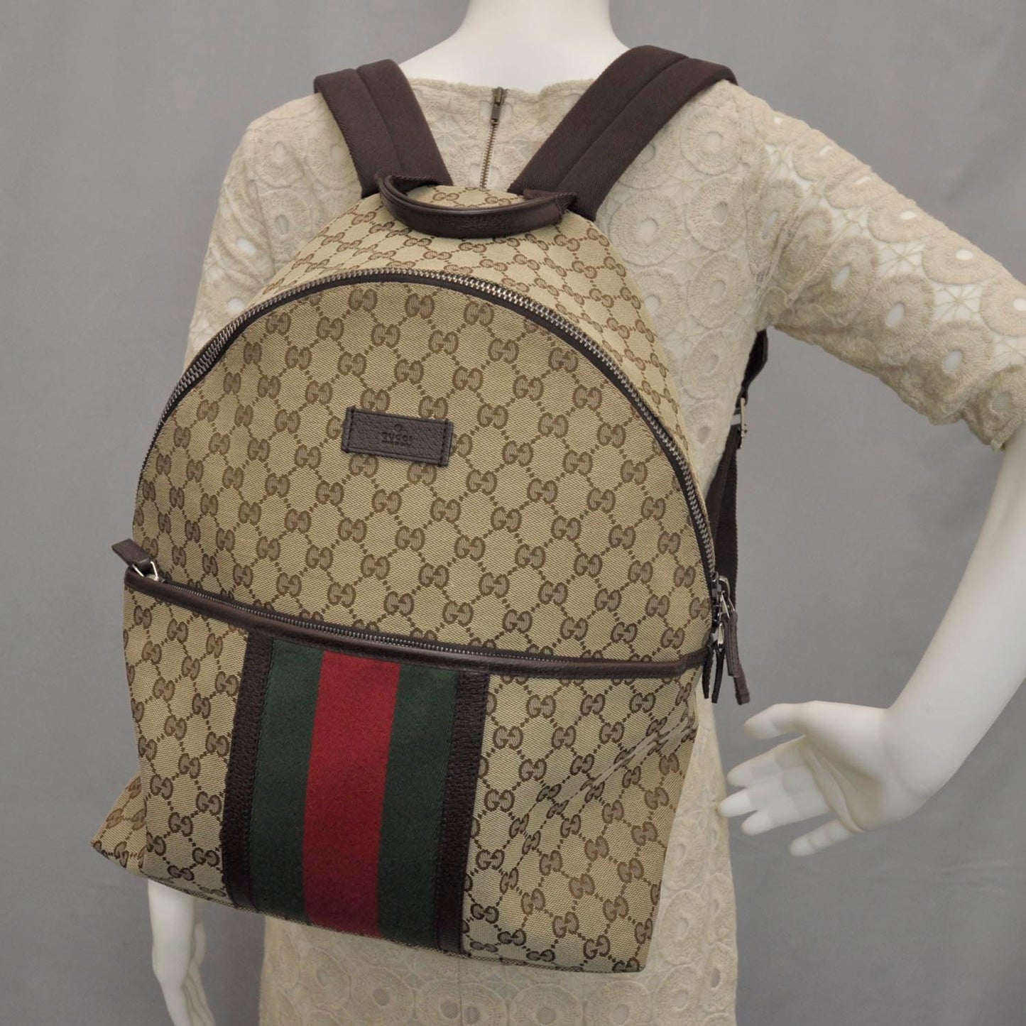 GG Monogram Web Medium Classic Backpack Brown