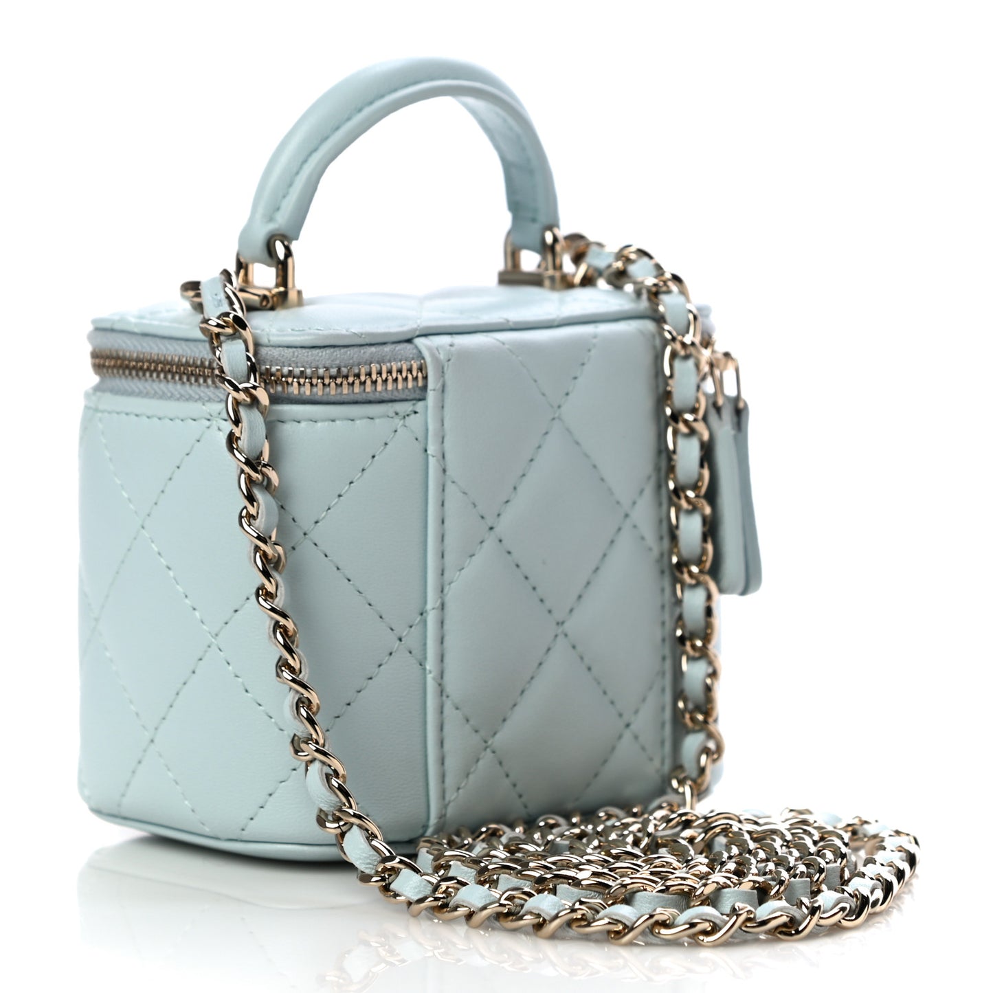 Lambskin Quilted Top Handle Mini Vanity Case With Chain Light Blue