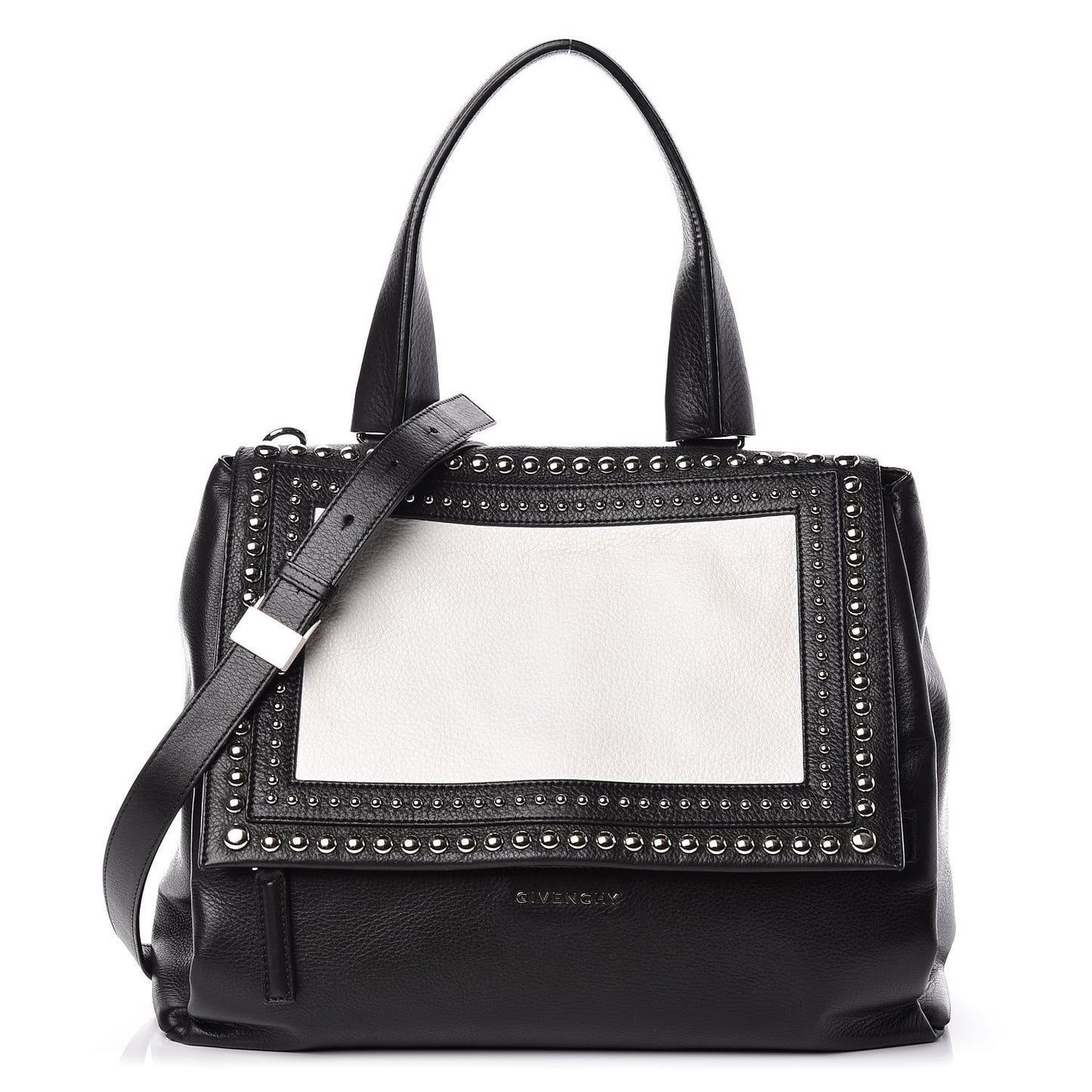 Calfskin Studded Medium Pandora Pure Flap Bag Black White