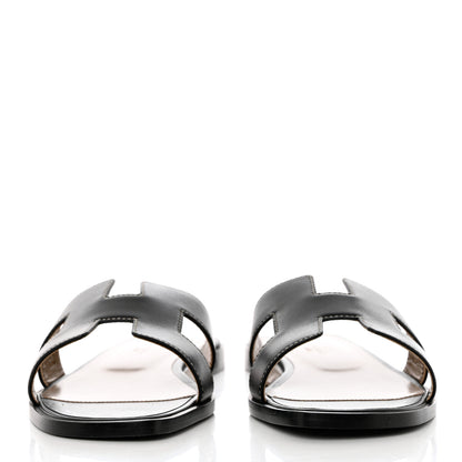 Hermes Box Calfskin Oran Sandals 37.5 Black 2 of 9