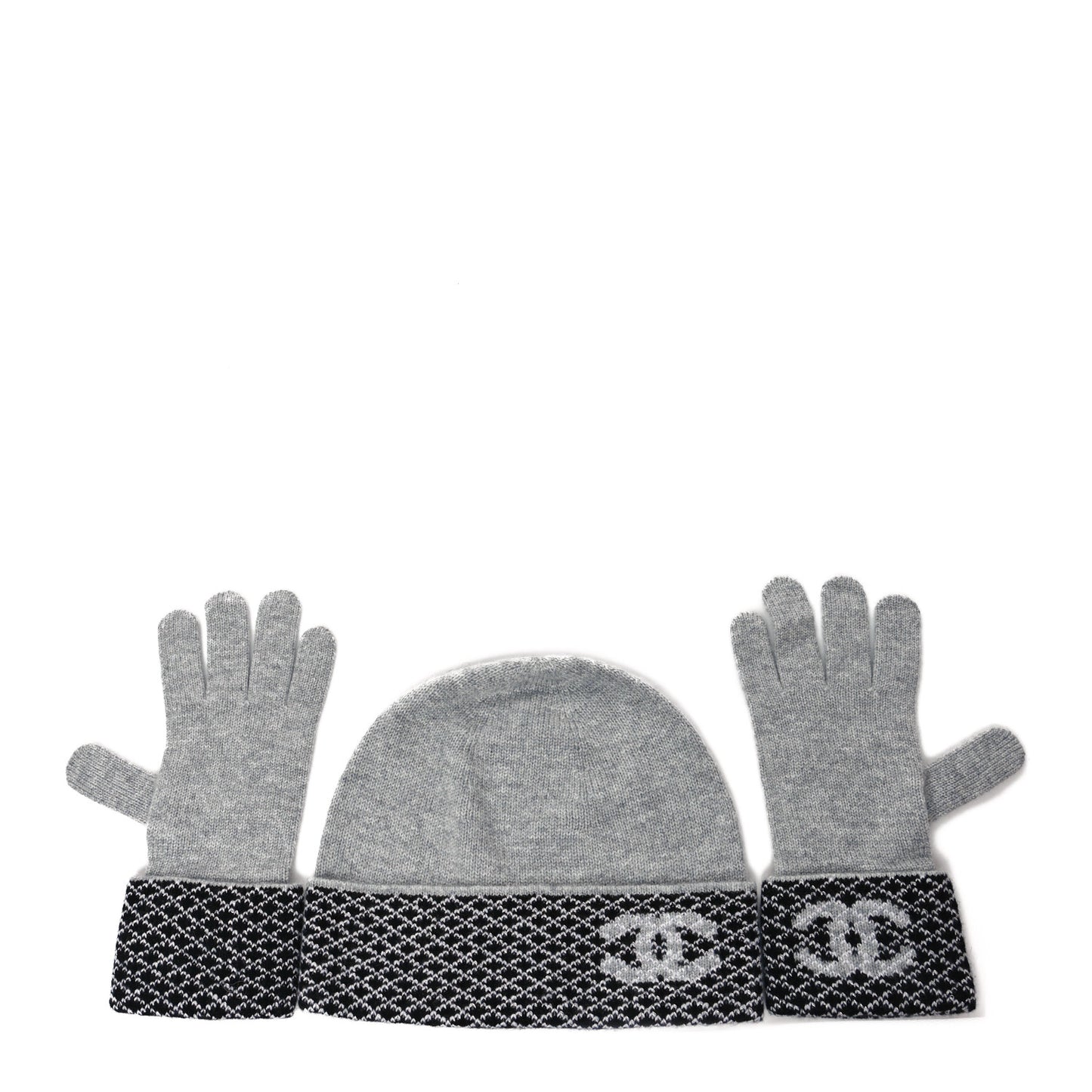 Cashmere Blend CC Beanie Hat With Gloves Set Black Grey