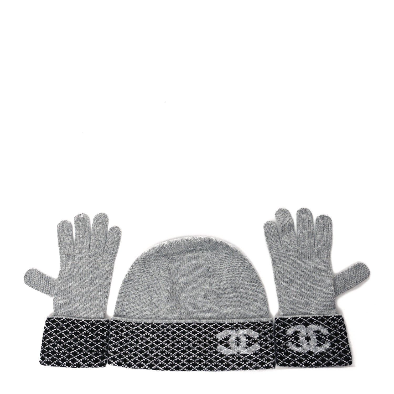 Chanel Cashmere Blend CC Beanie Hat With Gloves Set Black Grey 1 of 9