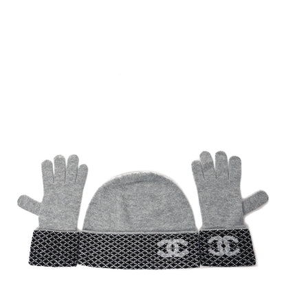 Chanel Cashmere Blend CC Beanie Hat With Gloves Set Black Grey 1 of 9