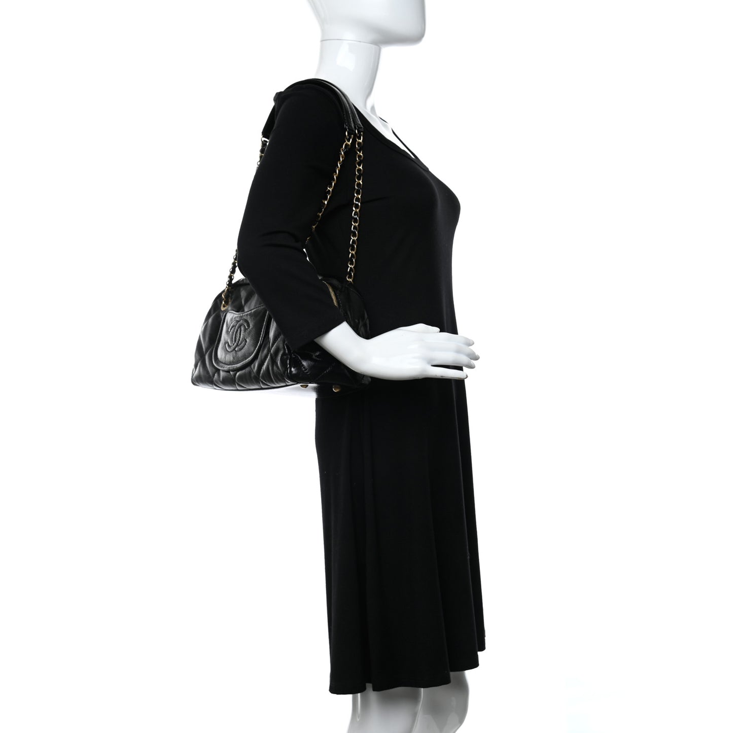 Shiny Aged Calfskin Quilted Bowler Bag Black