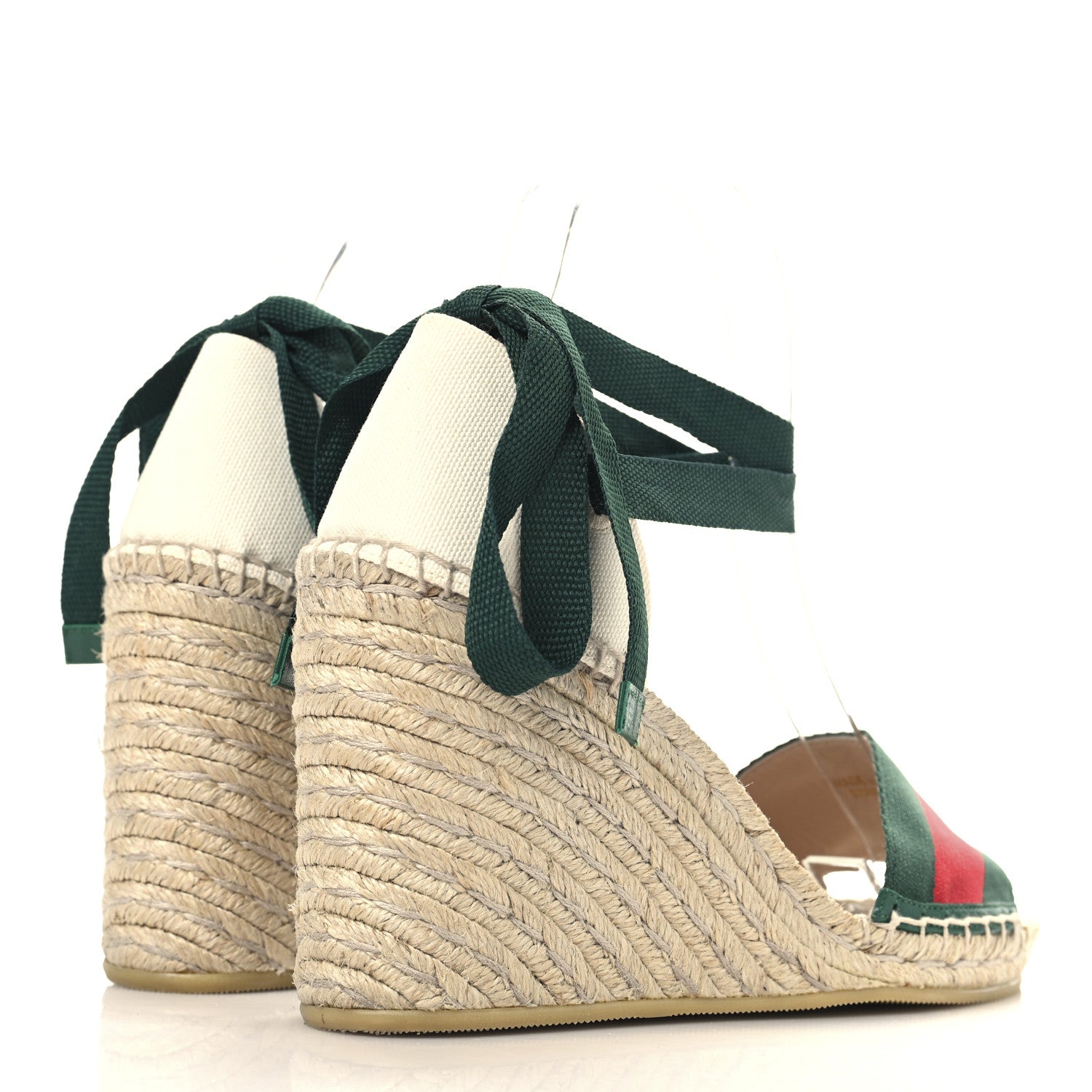 Gucci Canvas Malaga Kid Web Ankle Wrap Espadrille Wedge Sandals 37.5 Green Red Mystic White Emerald 5 of 10