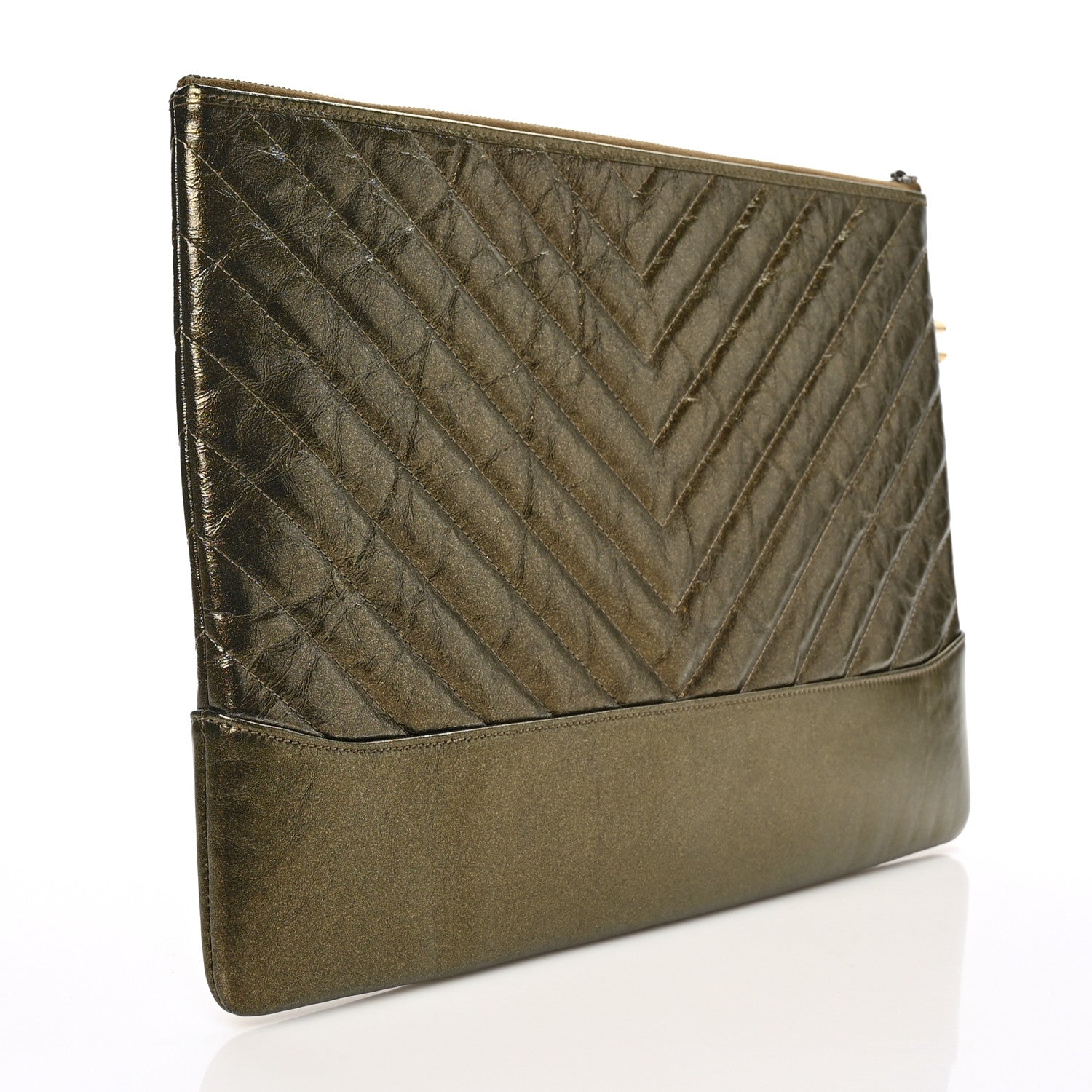 Chanel Metallic Aged Calfskin Chevron Quilted Large Gabrielle Cosmetic Case Gold 3 of 8