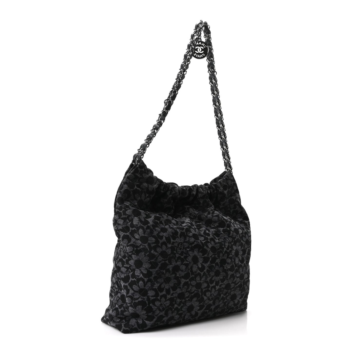 Denim Quilted Floral Print Small Chanel 22 Black