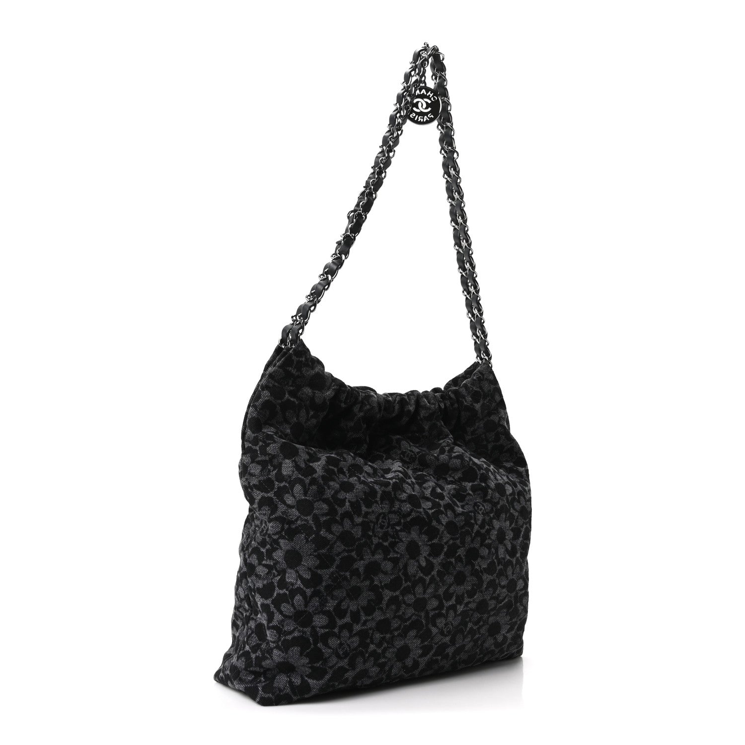 Chanel Denim Quilted Floral Print Small Chanel 22 Black 4 of 12