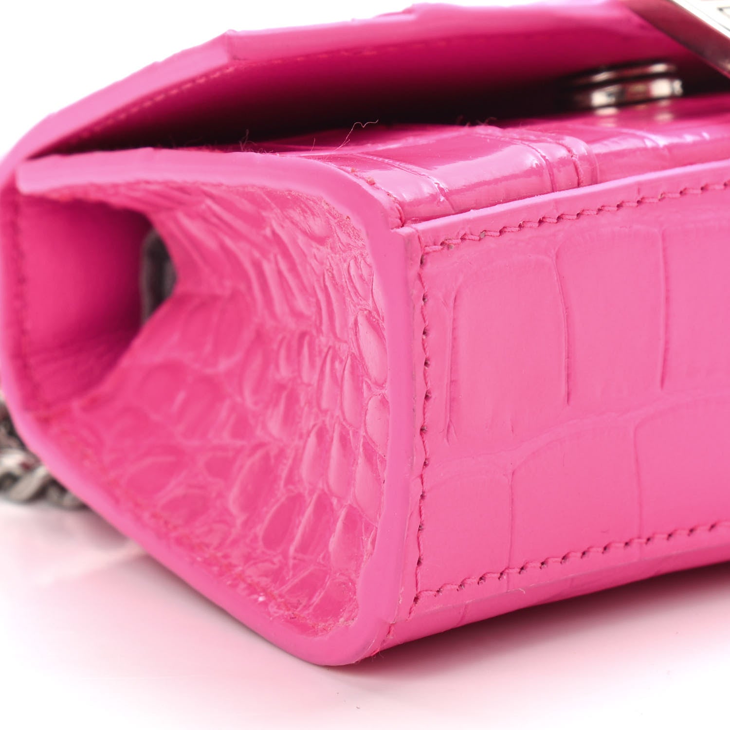 Balenciaga Shiny Calfskin Crocodile Embossed Hourglass Top Handle Bag Mini with Chain Neon Pink 8 of 10