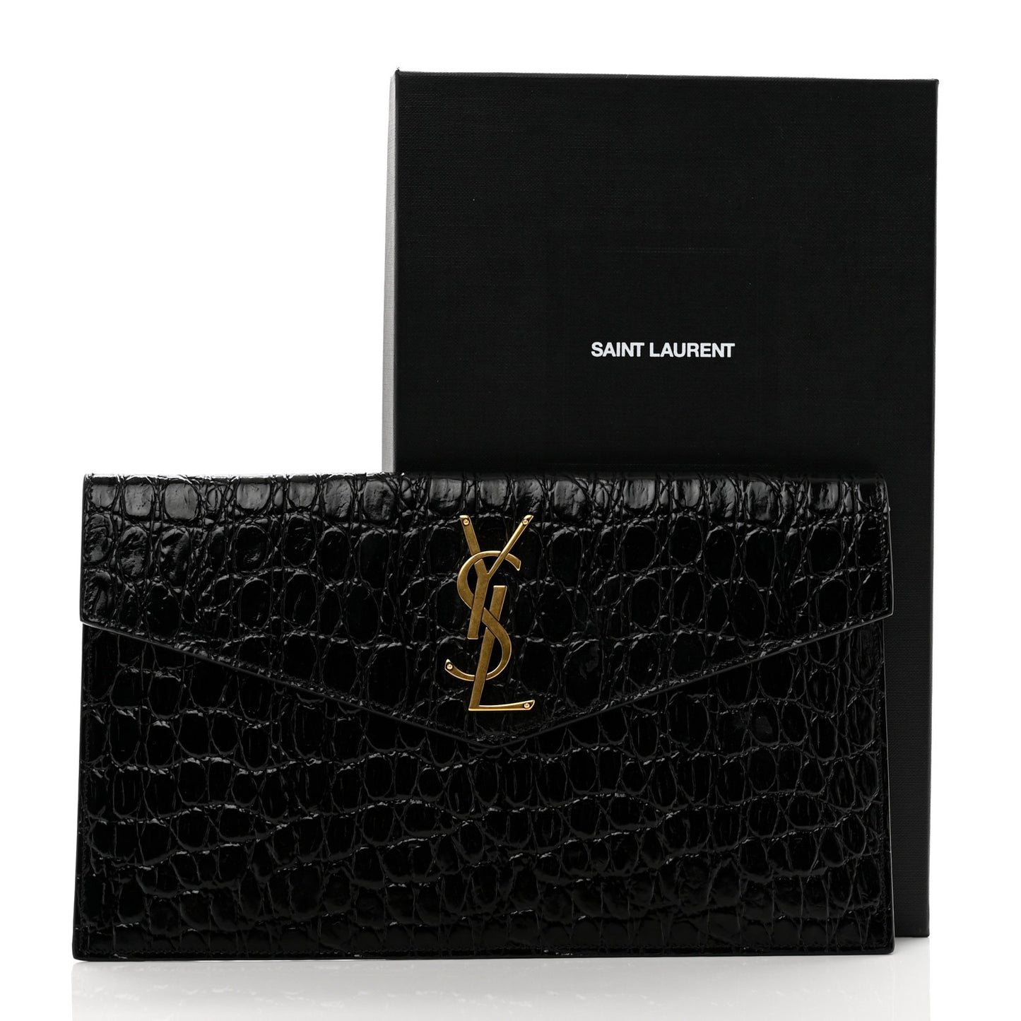 Calfskin Crocodile Embossed Uptown Monogram Clutch Black