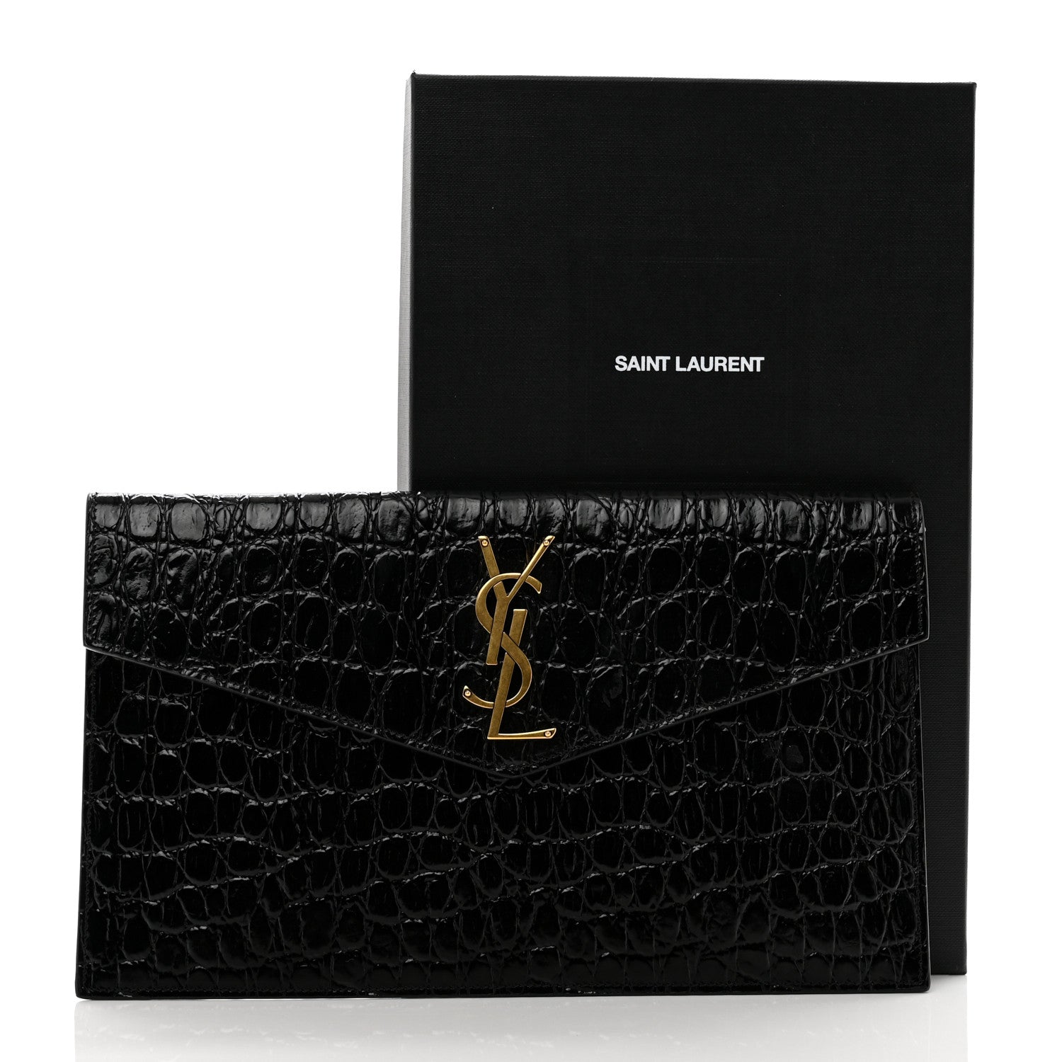 Saint Laurent Calfskin Crocodile Embossed Uptown Monogram Clutch Black 7 of 7