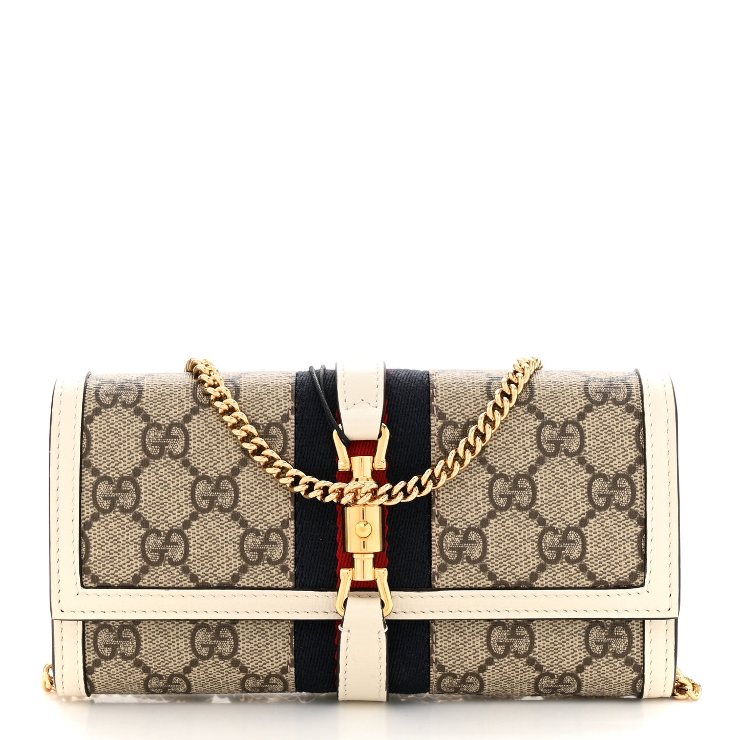 GG Supreme Monogram Textured Calfskin Web Jackie 1961 Chain Wallet Beige Ebony Mystic White
