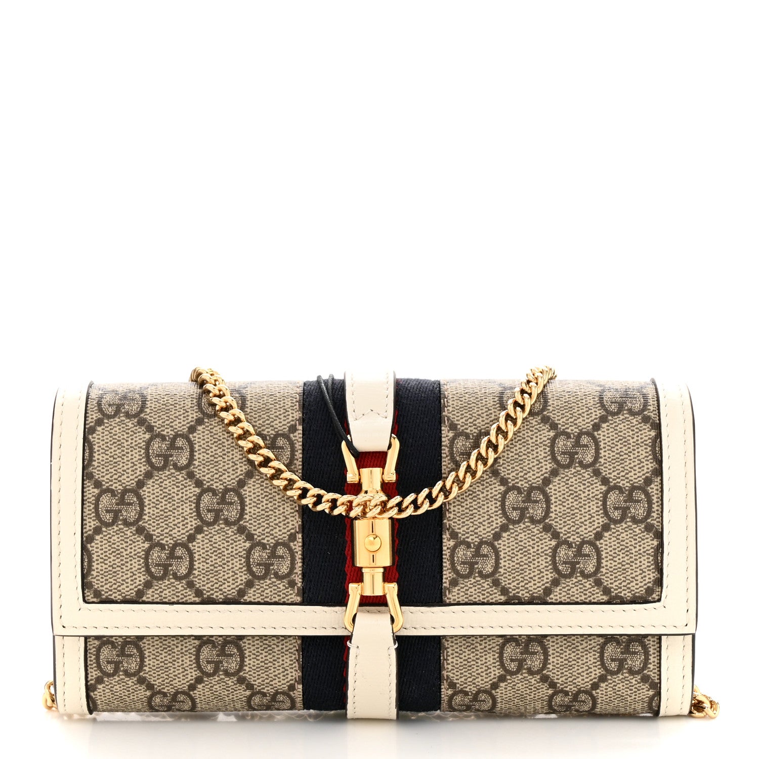 Gucci GG Supreme Monogram Textured Calfskin Web Jackie 1961 Chain Wallet Beige Ebony Mystic White 1 of 12