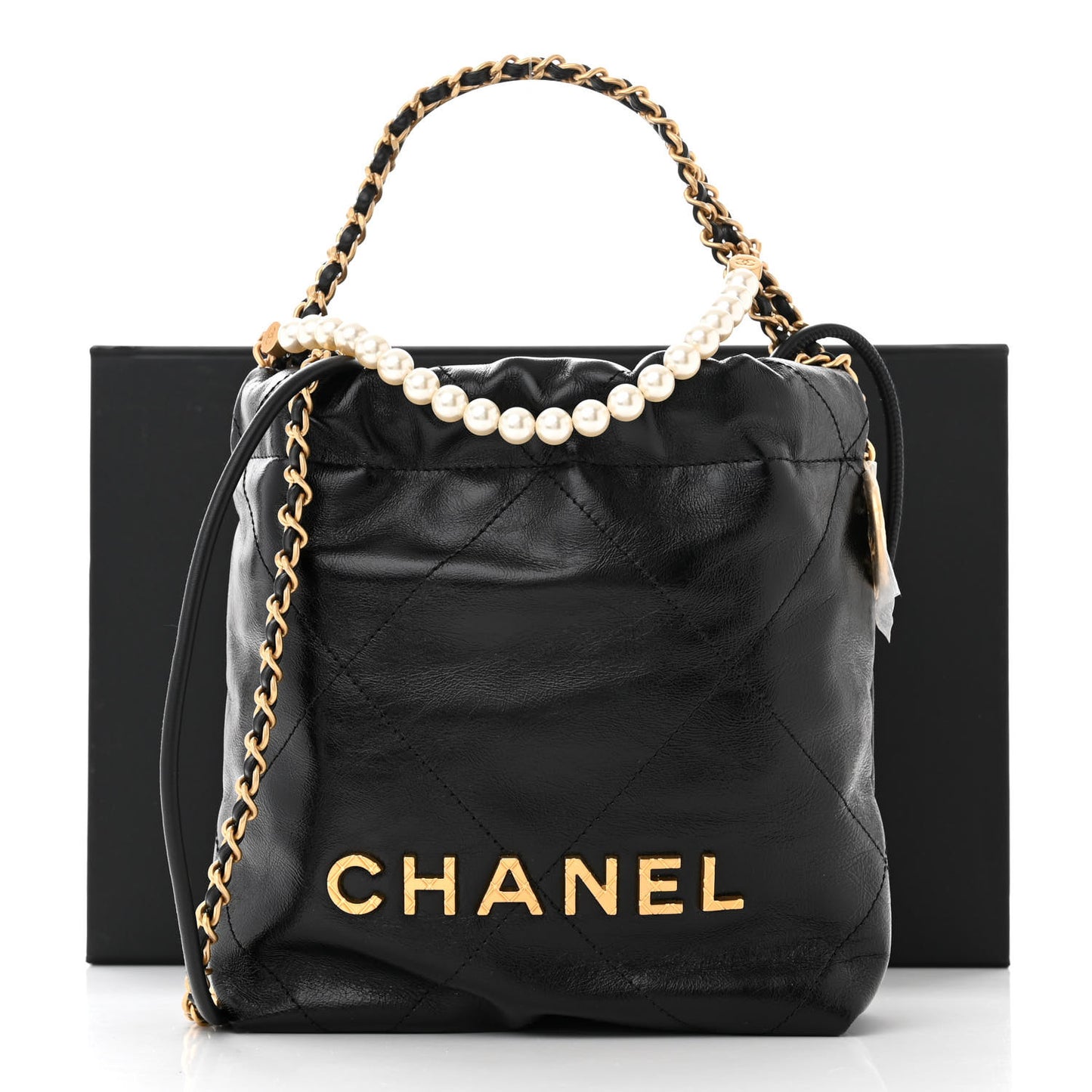 Shiny Crumpled Calfskin Quilted Pearl Mini Chanel 22 Black