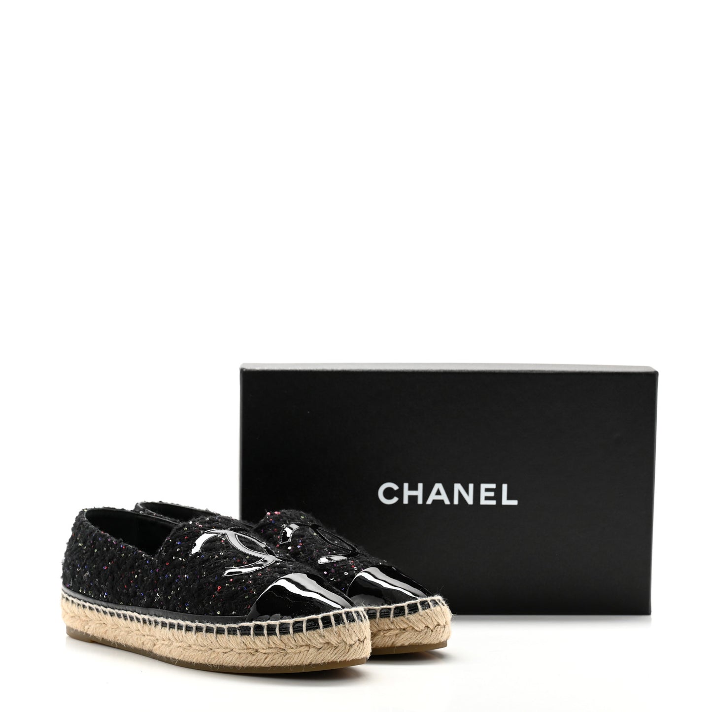Tweed Patent Goatskin Sequin CC Espadrilles 38 Black