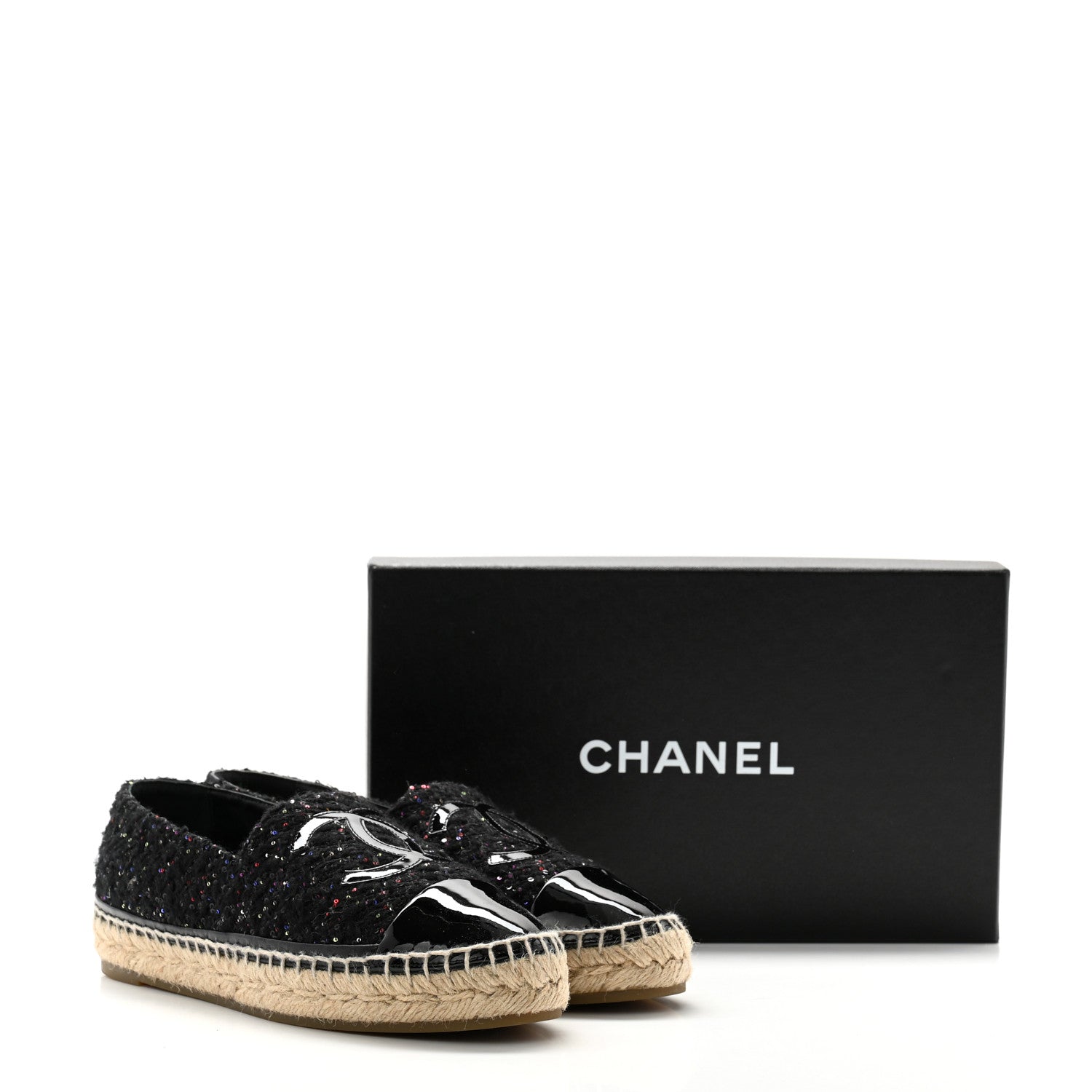 Chanel Tweed Patent Goatskin Sequin CC Espadrilles 38 Black 9 of 9