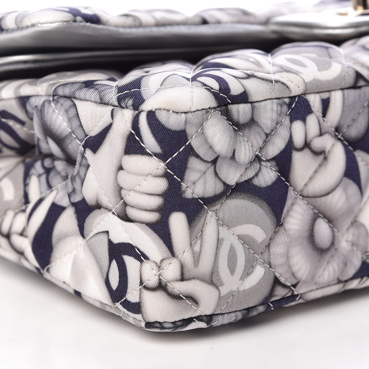 Chanel Nylon Quilted Medium Cat Emoticon Double Flap Navy Grey Ecru 8 of 10