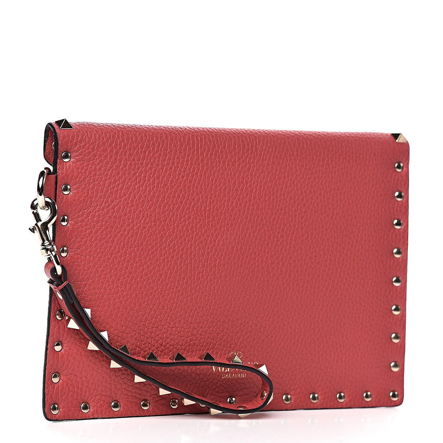 Pebbled Calfskin Medium Rockstud Envelope Flat Wristlet Pouch Red