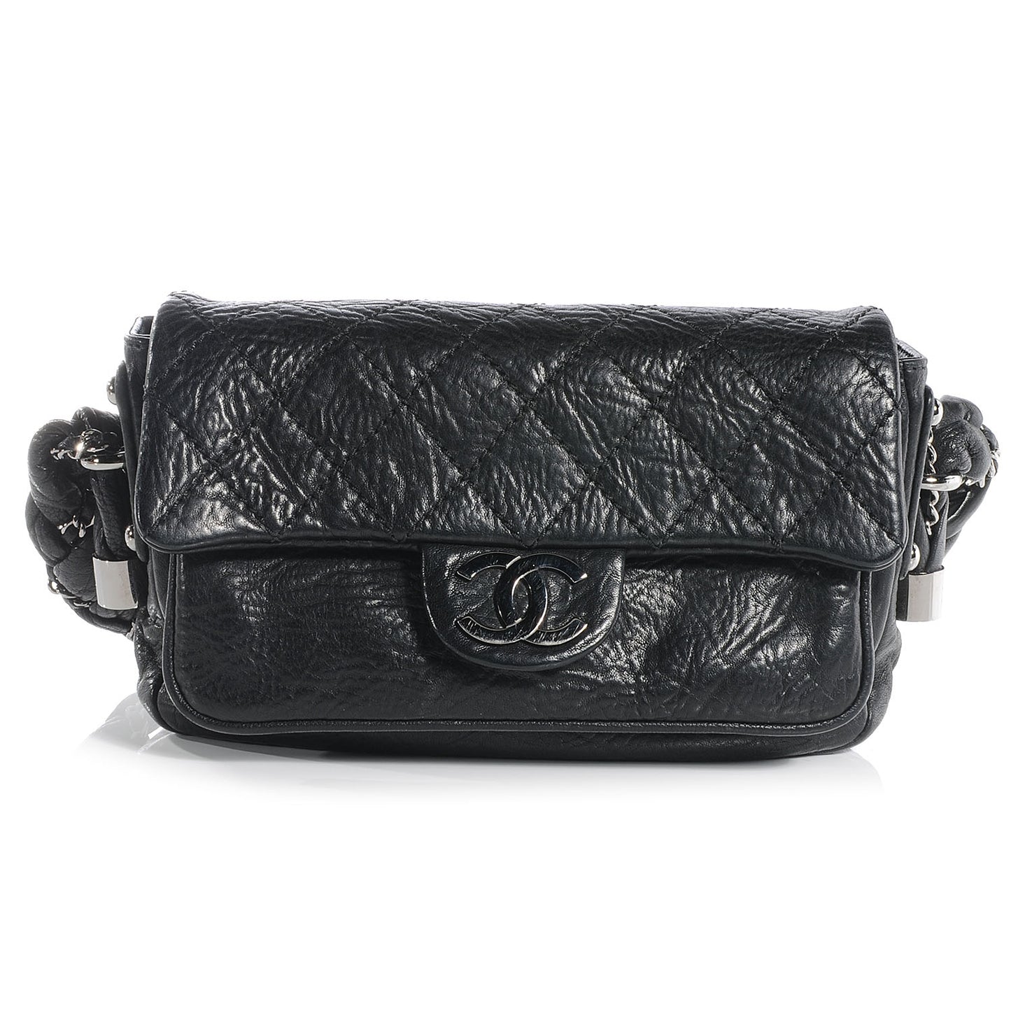 Distressed Lambskin Lady Braid Flap Black