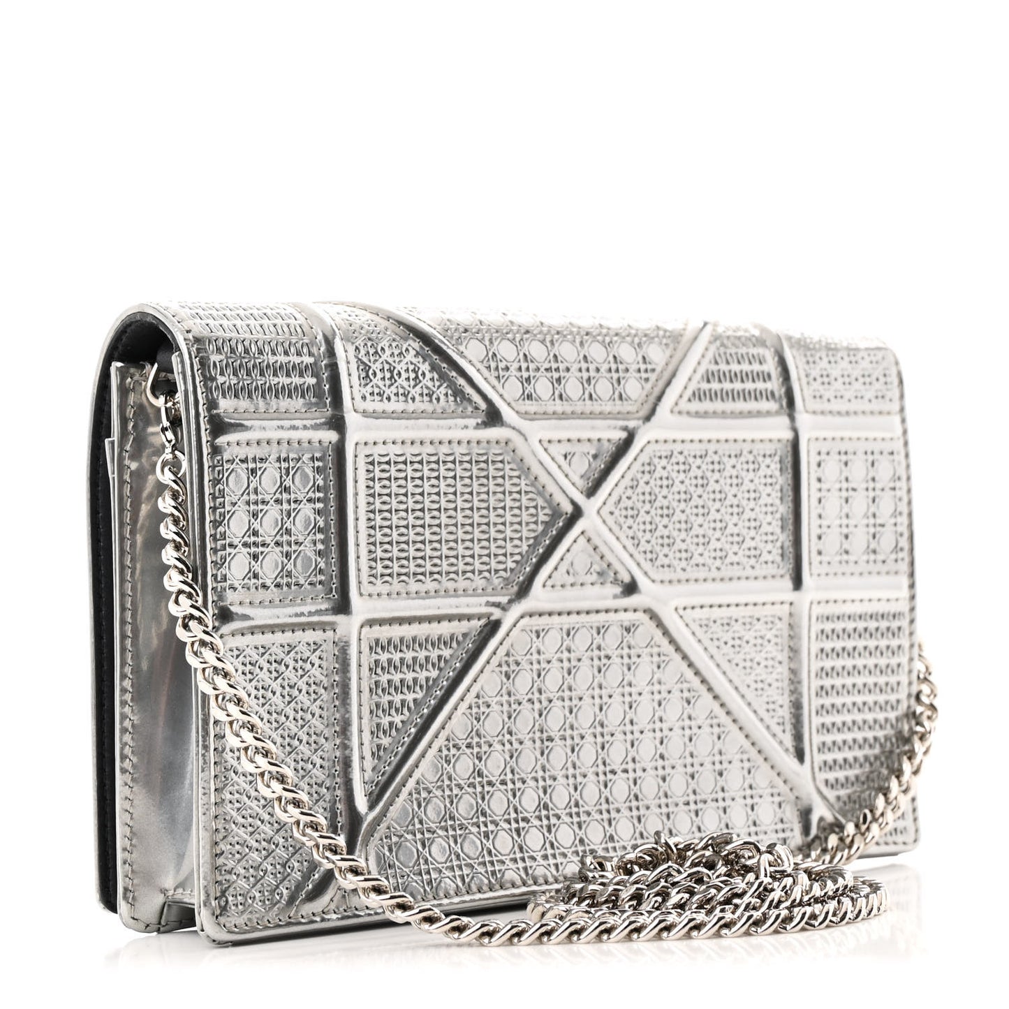 Metallic Patent Micro-Cannage Diorama Wallet on Chain Pouch Silver