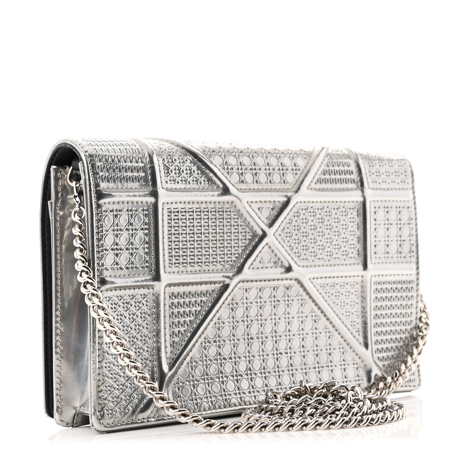Christian Dior Metallic Patent Micro-Cannage Diorama Wallet on Chain Pouch Silver 3 of 10