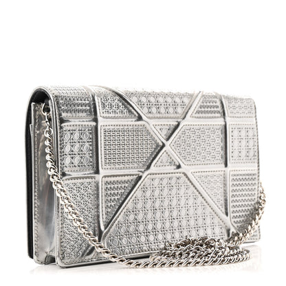 Christian Dior Metallic Patent Micro-Cannage Diorama Wallet on Chain Pouch Silver 3 of 10