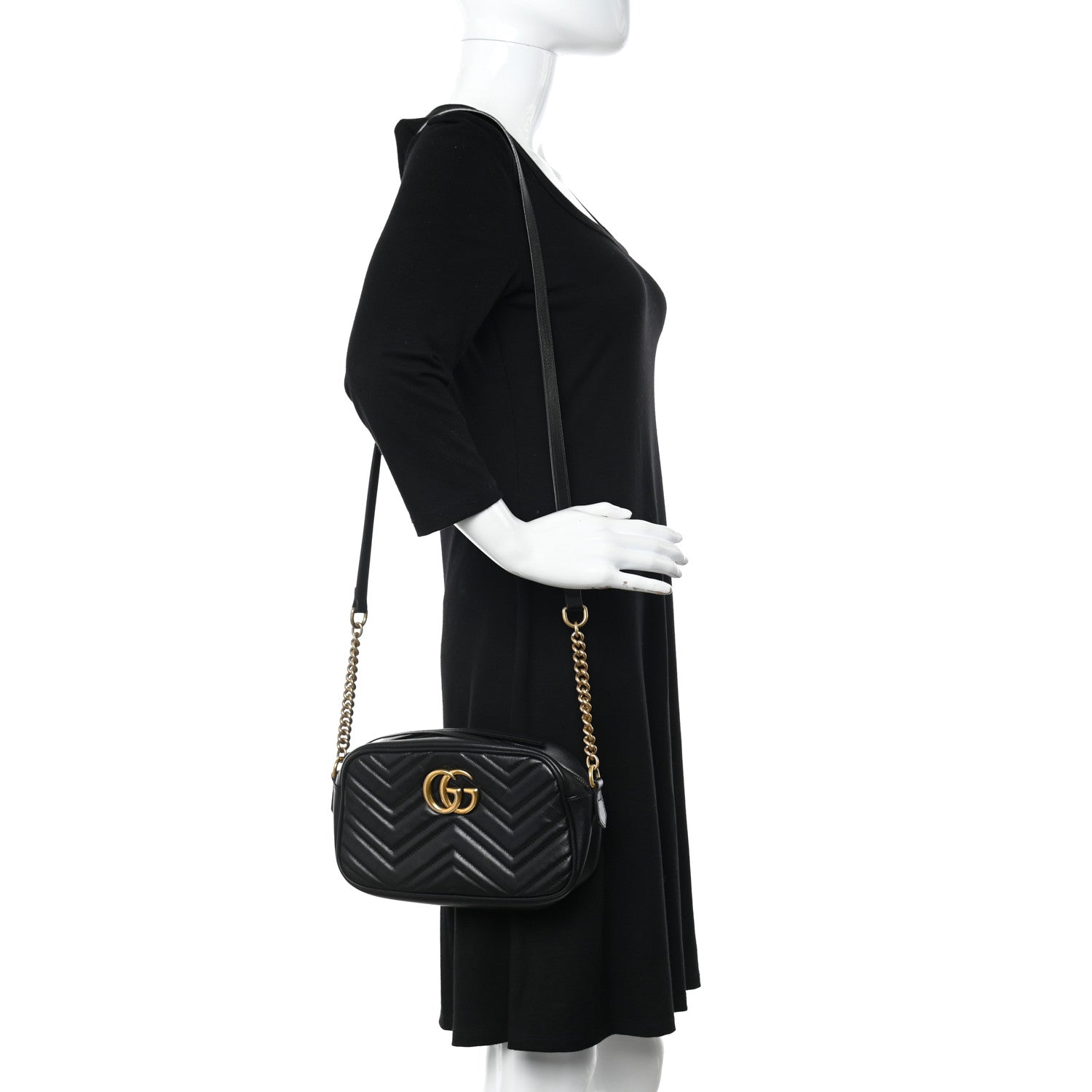 Gucci Calfskin Matelasse Small GG Marmont Chain Shoulder Bag Black 2 of 11