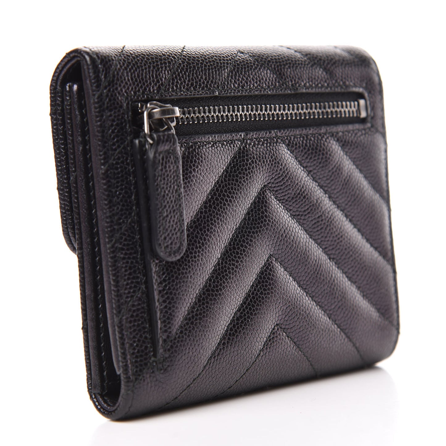 Iridescent Caviar Chevron Quilted Compact Flap Wallet Black