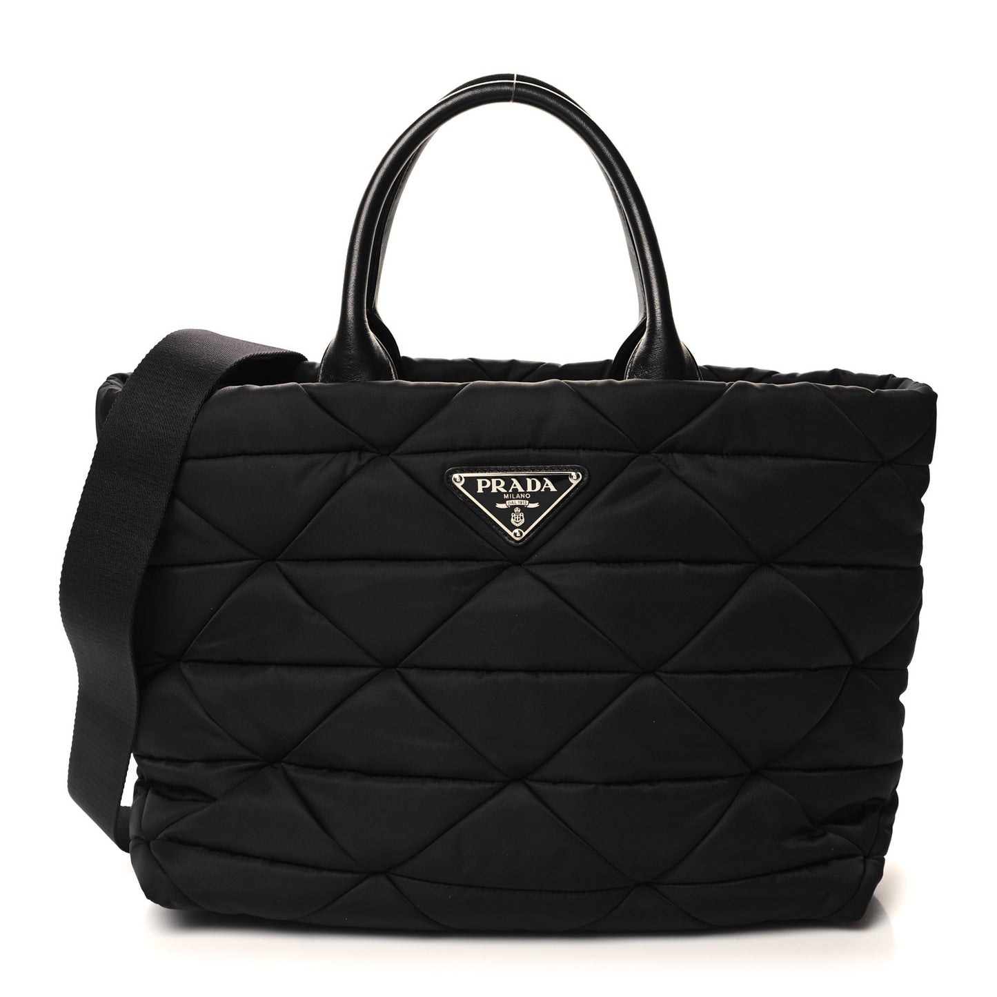 Re-Nylon Nappa Triangle Quilted Padded Medium Double Handled Zip Tote Black