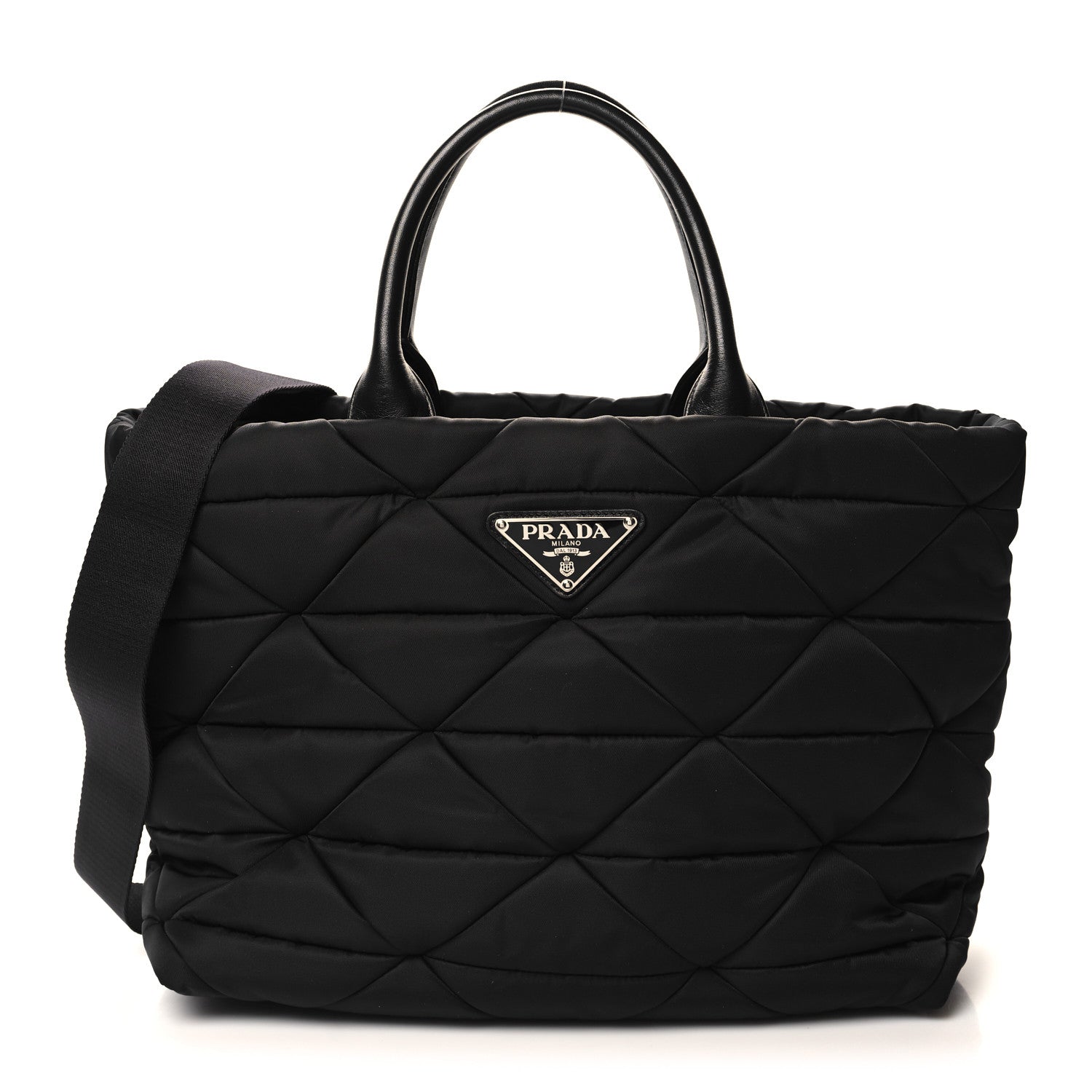 Prada Re-Nylon Nappa Triangle Quilted Padded Medium Double Handled Zip Tote Black 1 of 9