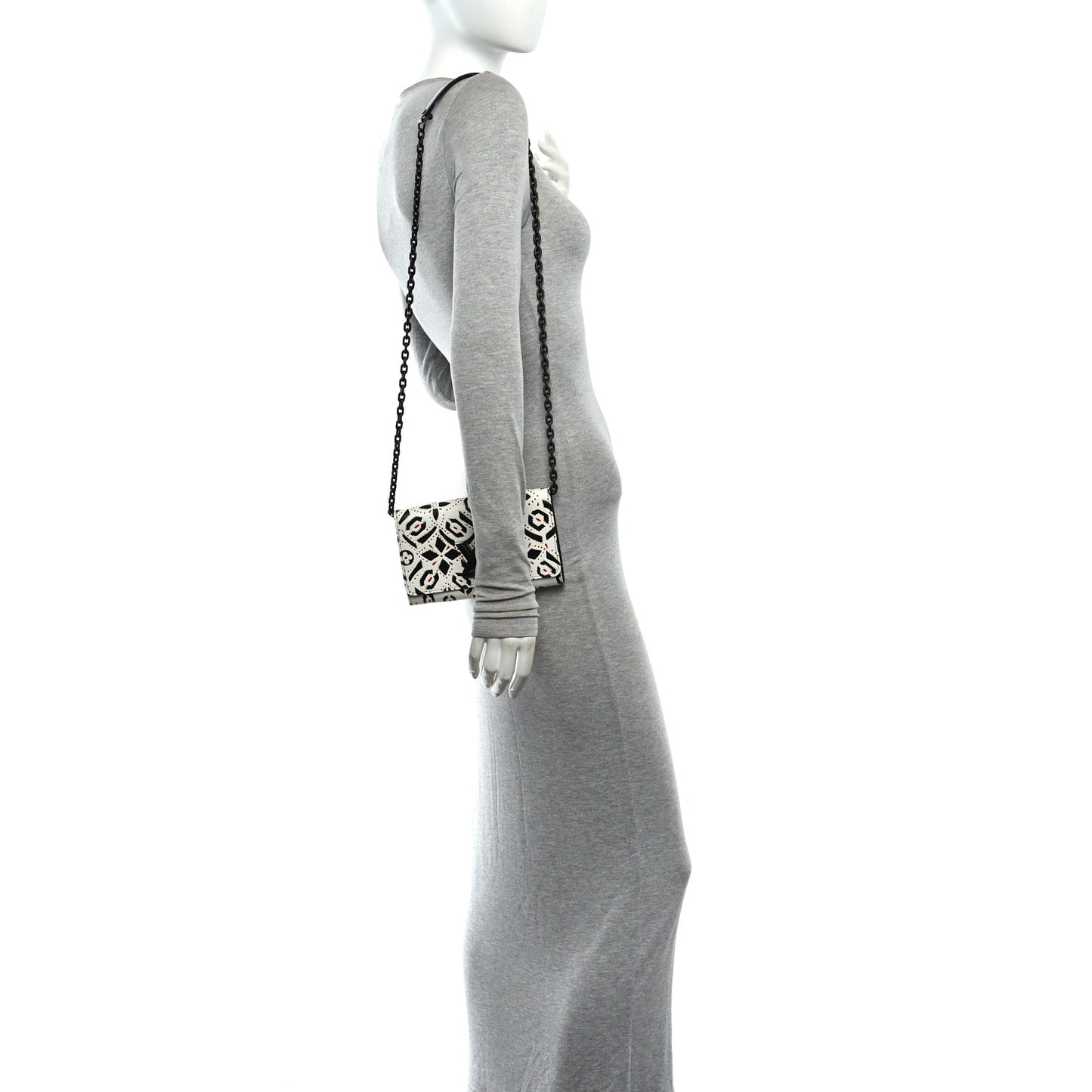 Calfskin Graphic Print Twist Chain Wallet White Black White Black