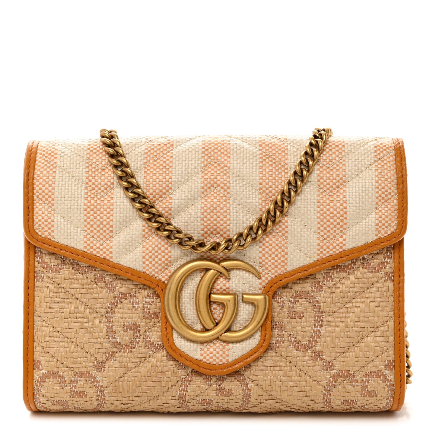 Raffia GG Monogram Matelasse GG Marmont Chain Wallet Natural Beige Off White Sun Oil
