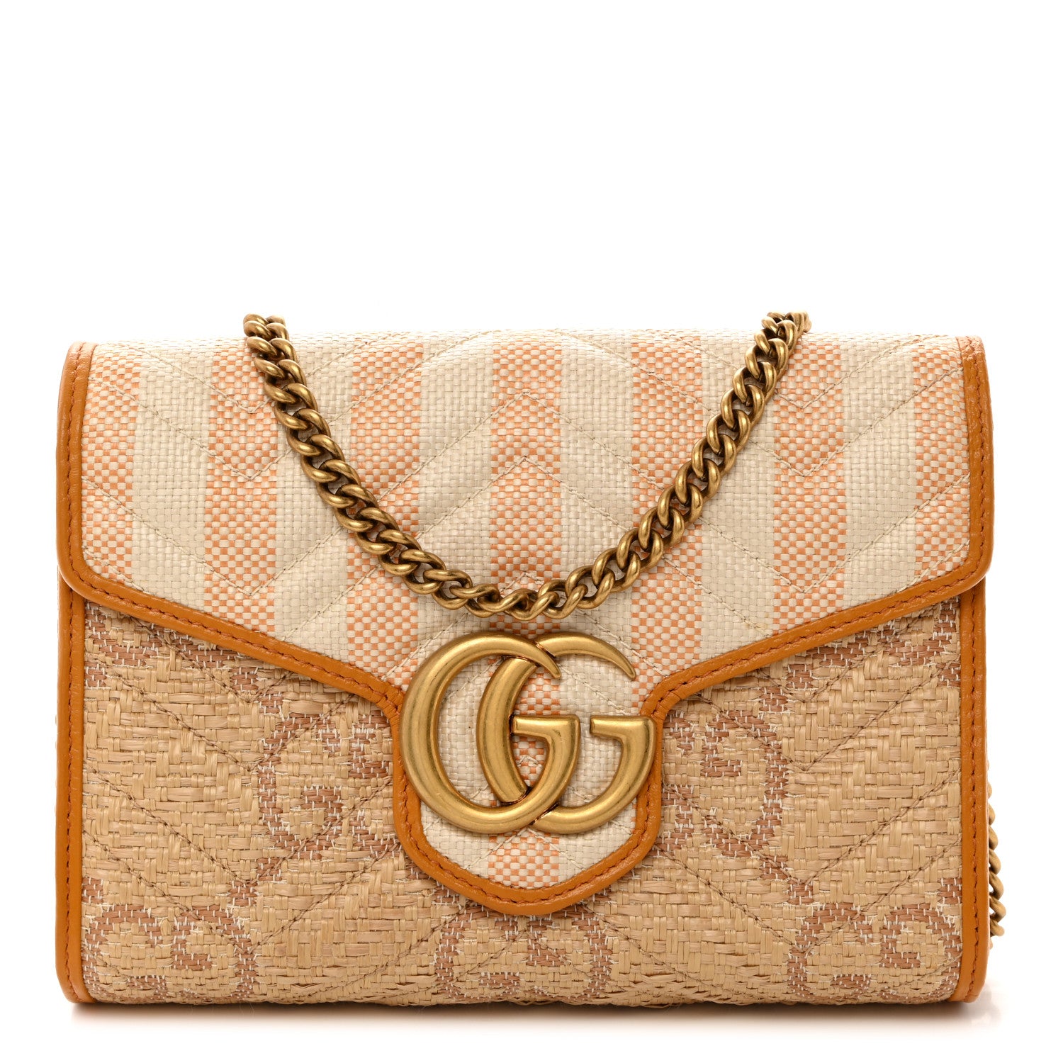 Gucci Raffia GG Monogram Matelasse GG Marmont Chain Wallet Natural Beige Off White Sun Oil 1 of 10