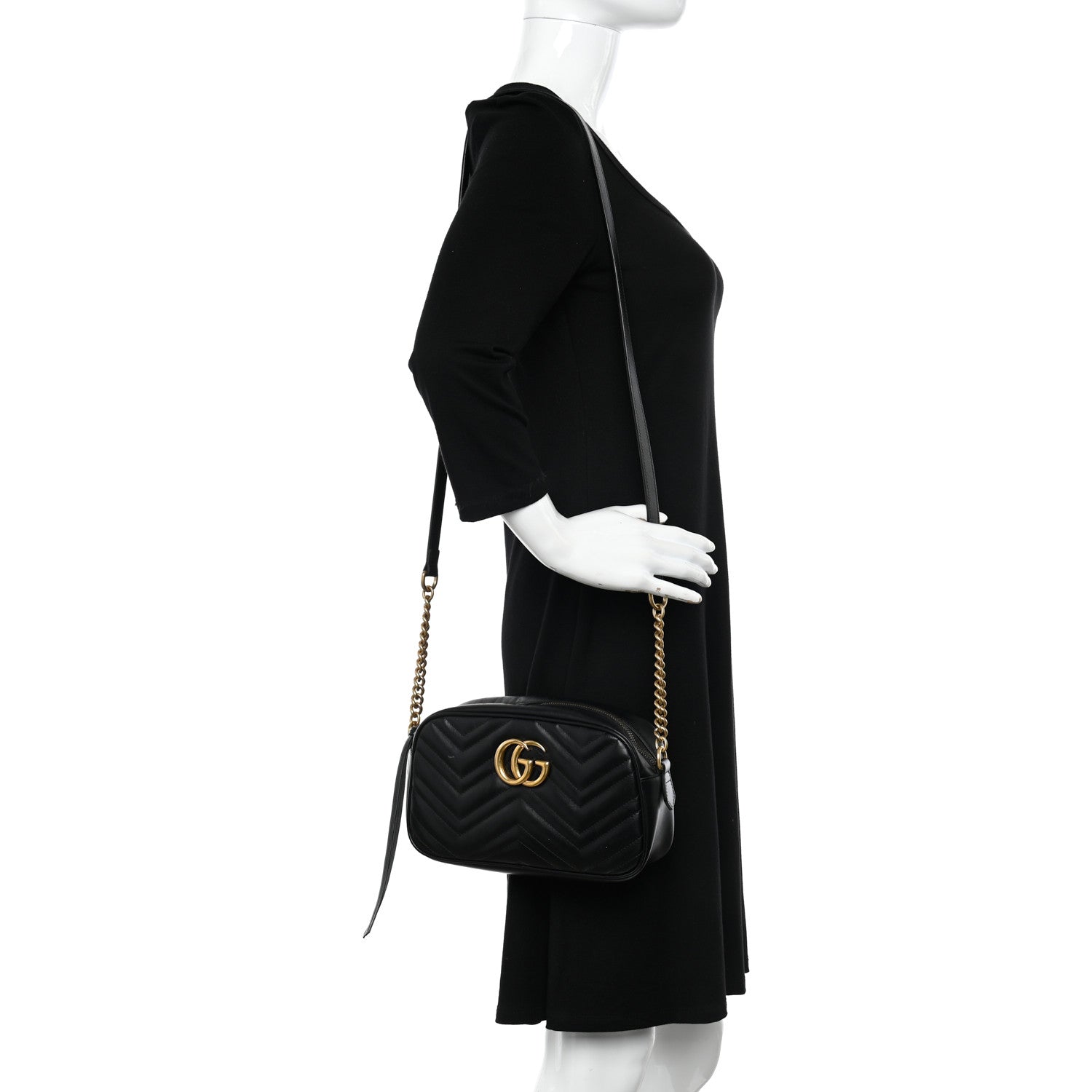 Gucci Calfskin Matelasse Small GG Marmont Chain Shoulder Bag Black 2 of 12