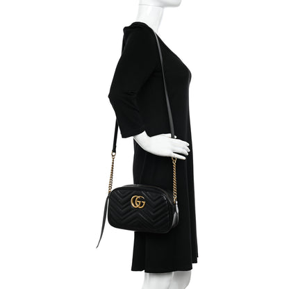 Gucci Calfskin Matelasse Small GG Marmont Chain Shoulder Bag Black 2 of 12