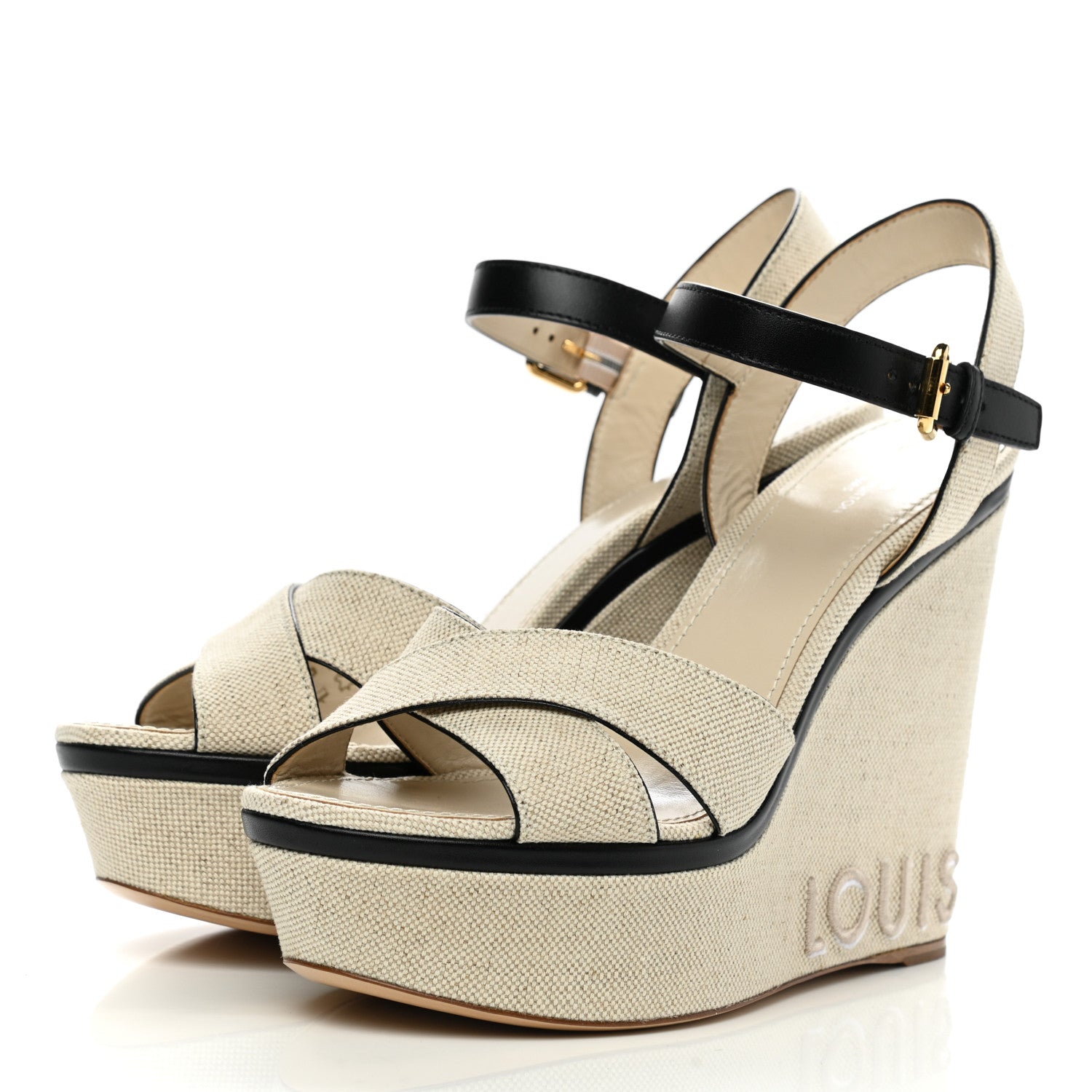 Louis Vuitton Canvas Calfskin Postcard Wedge Sandals 41 Ecru 3 of 9