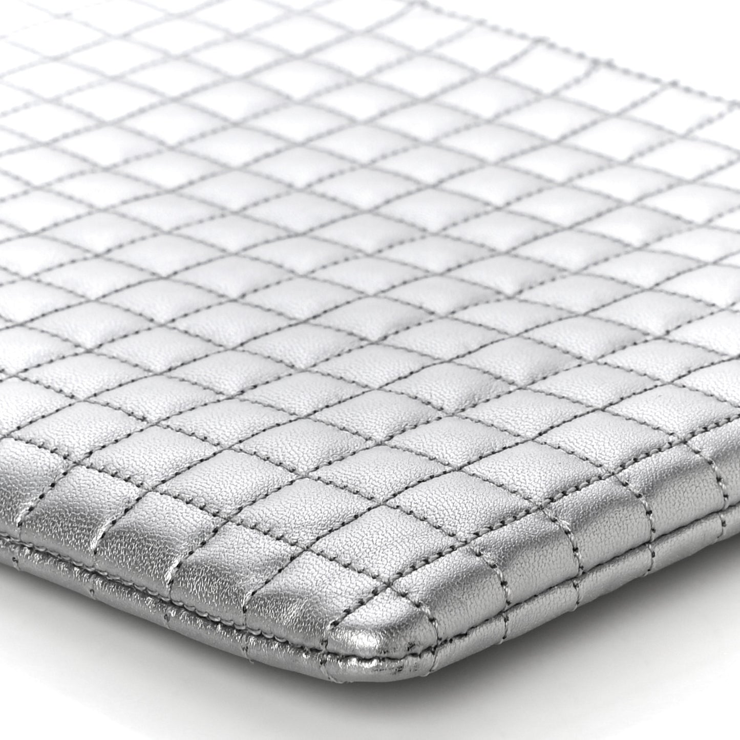 Laminated Calfskin Quilted C Charm Pouch Silver