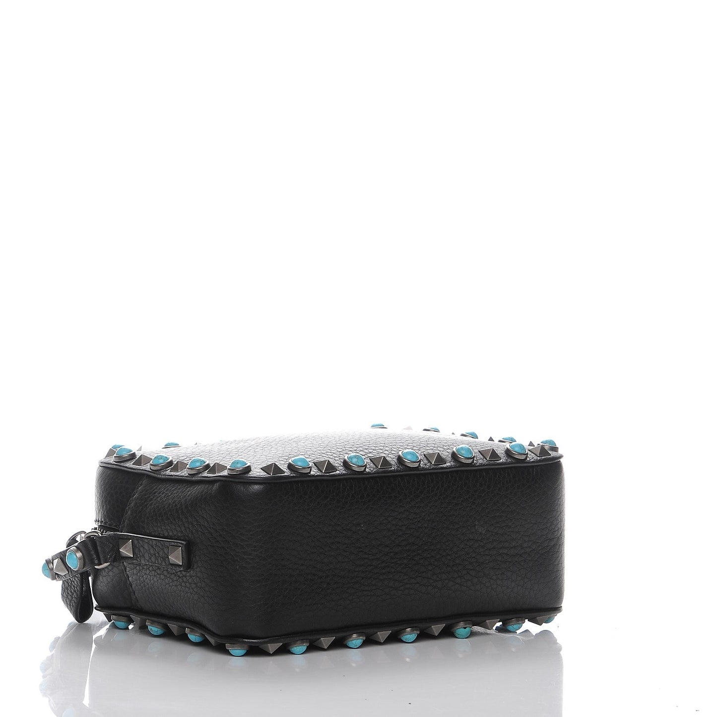 Grained Calfskin Turquoise Rockstud Rolling Camera Crossbody Bag Black