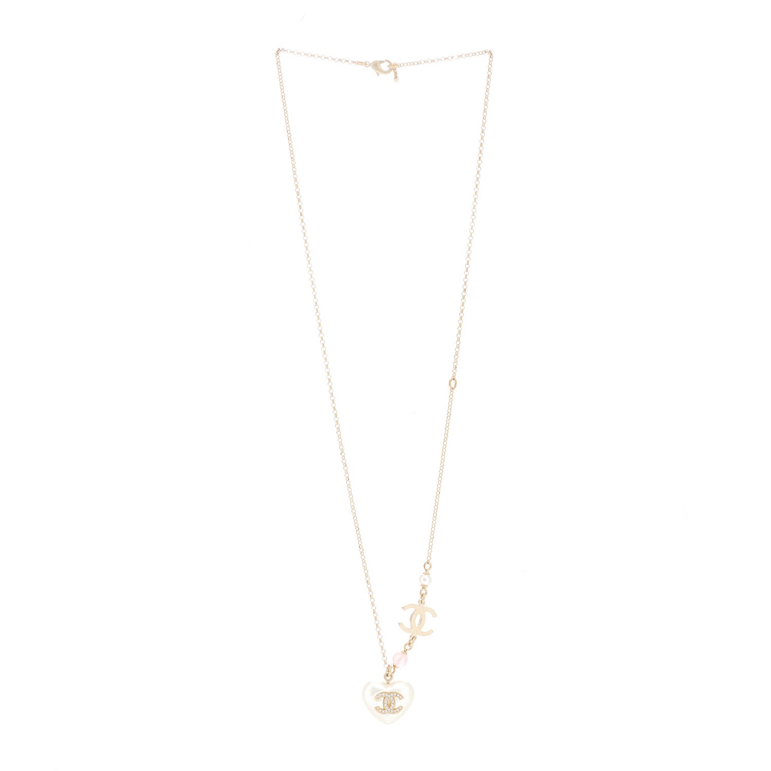 Chanel Resin Crystal CC Heart Necklace Pearly White Gold 2 of 3