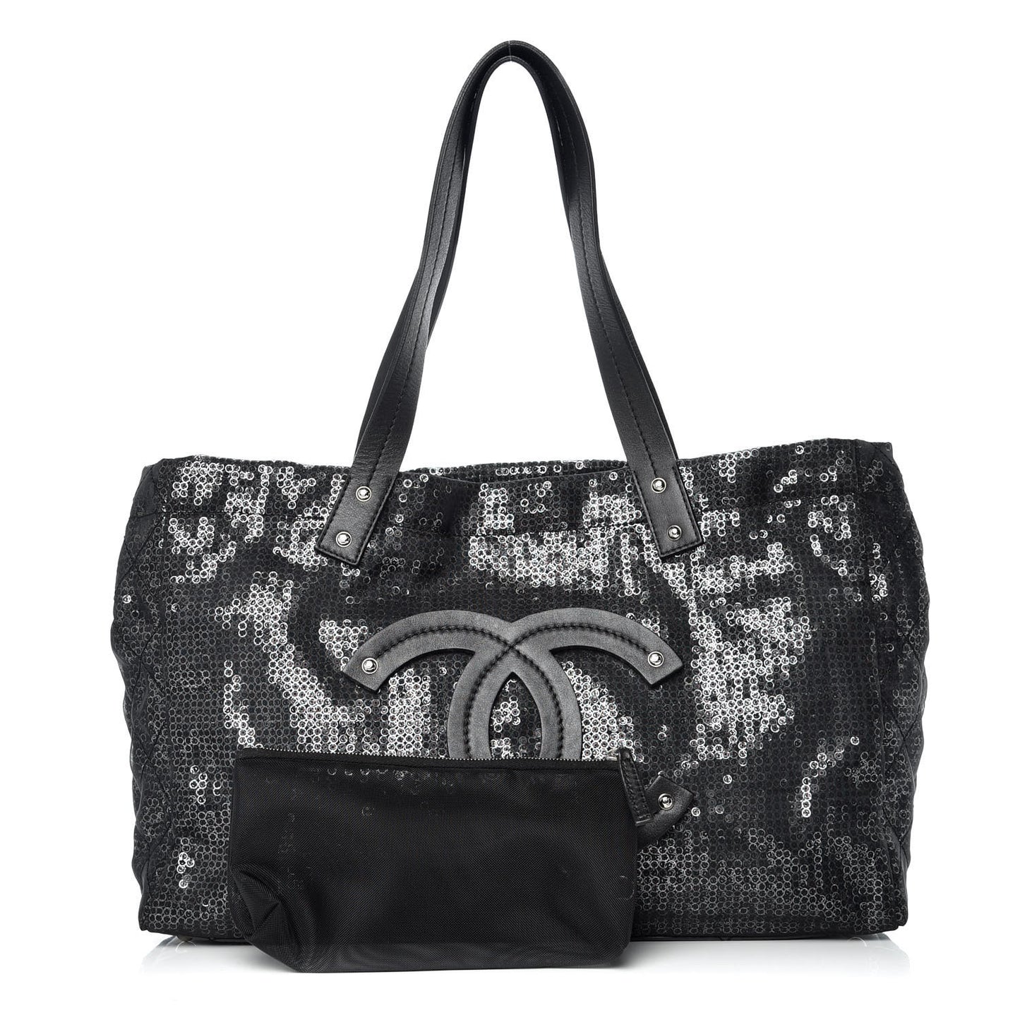 Calfskin Mesh Hidden Sequin CC Tote Black
