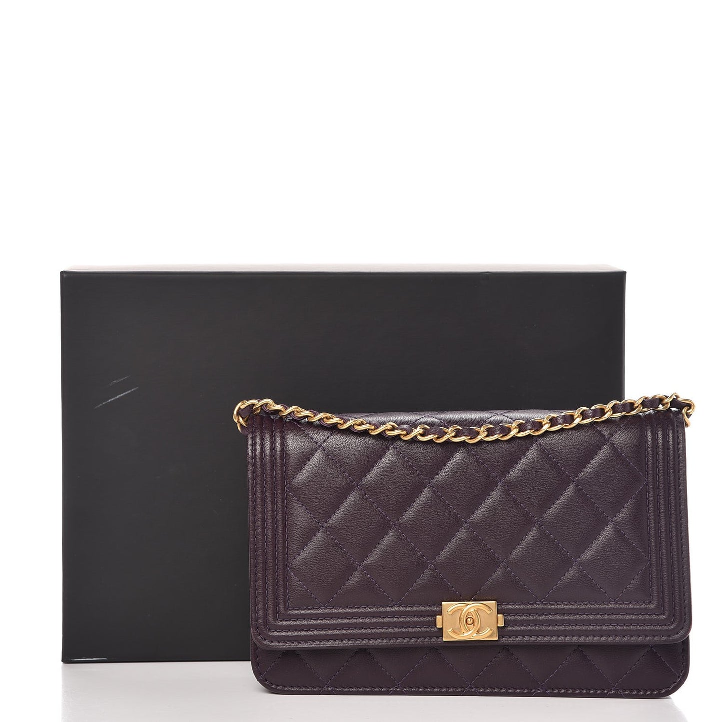 Lambskin Quilted Boy Wallet On Chain WOC Dark Purple