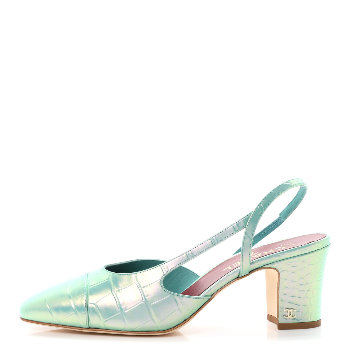 Chanel Iridecent Calfskin Crocodile Embossed CC Cap Toe CC Slingback Pumps 41 Green 1 of 10