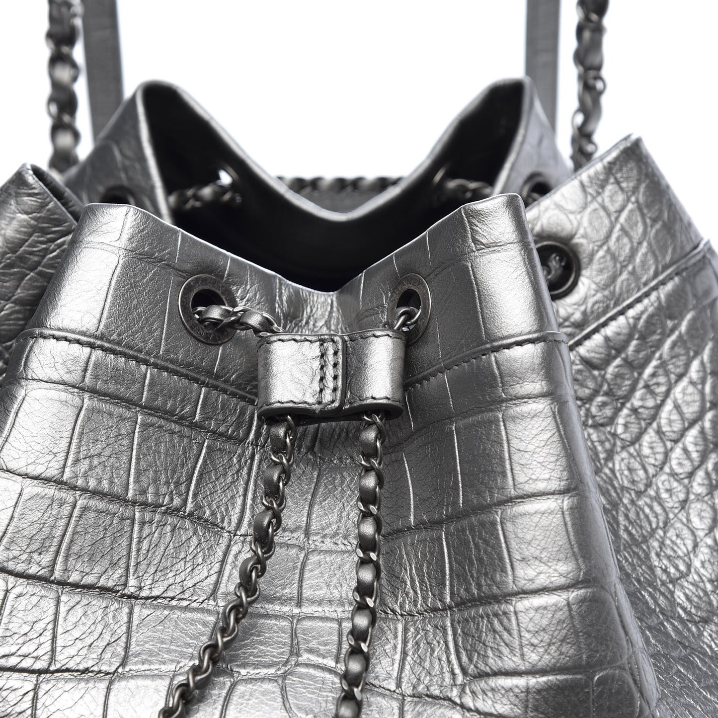 Metallic Calfskin Crocodile Embossed Large Backpack Silver