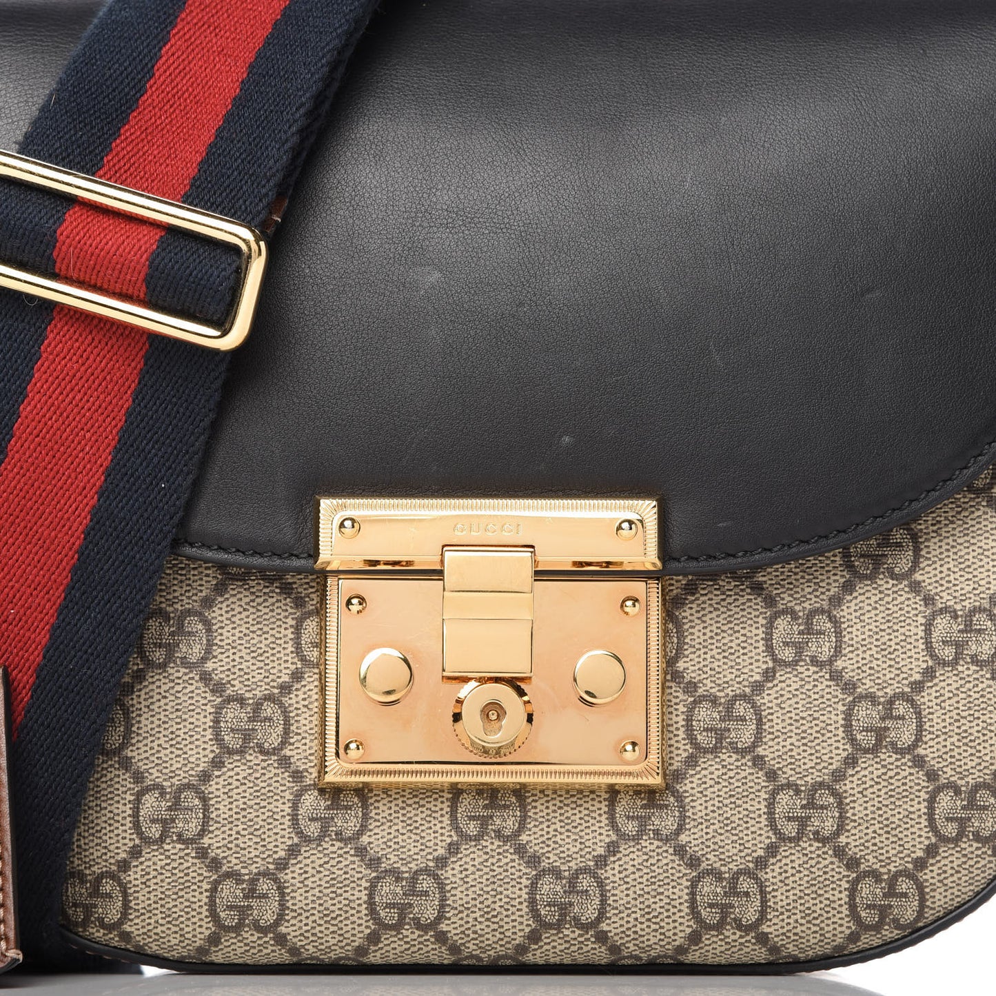 GG Supreme Monogram Web Medium Padlock Messenger Shoulder Bag Black