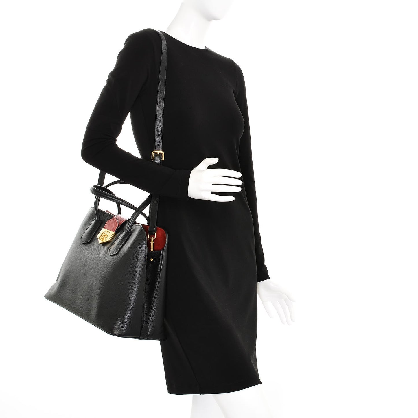 Saffiano Cuir Bi-Color Double Handle Tote Black Fuoco