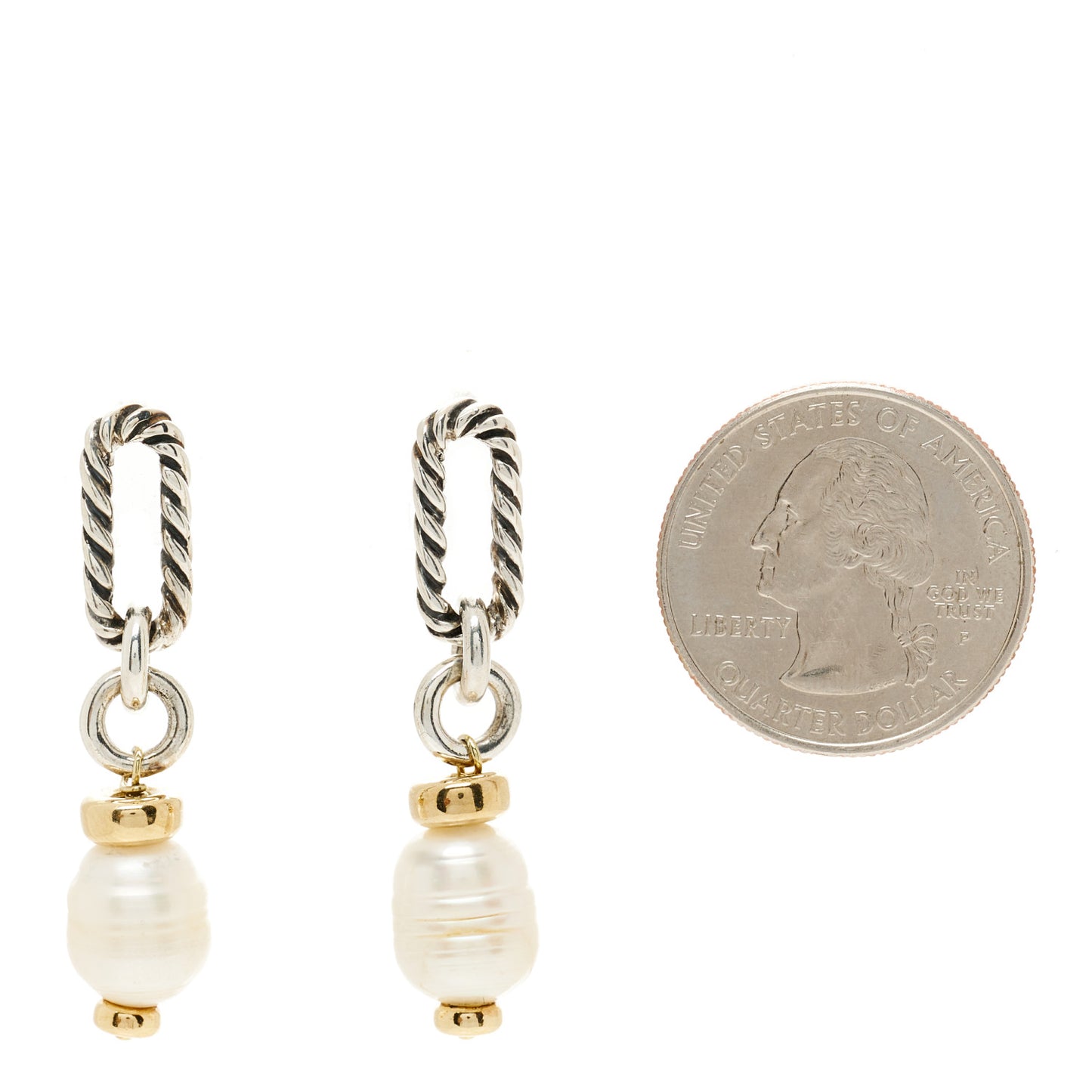 Sterling Silver 18K Yellow Gold Pearl Figaro Drop Earrings