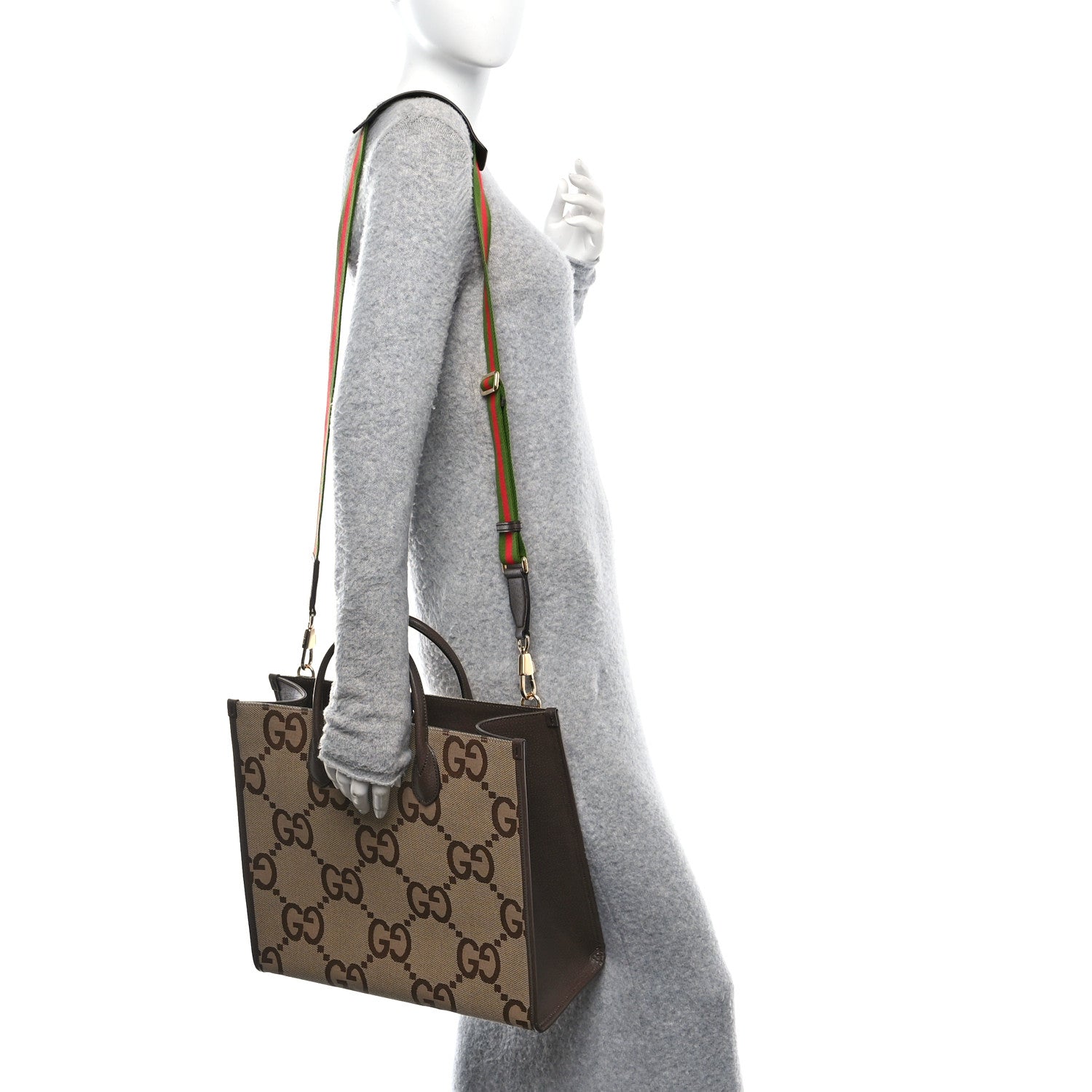 Gucci Monogram Jumbo GG Textured Dollar Calfskin Web Tote Bag Camel Ebony New Acero 2 of 9