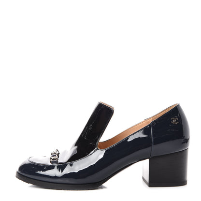 Chanel Patent Chain Loafers Pumps 38.5 Navy 1 of 14